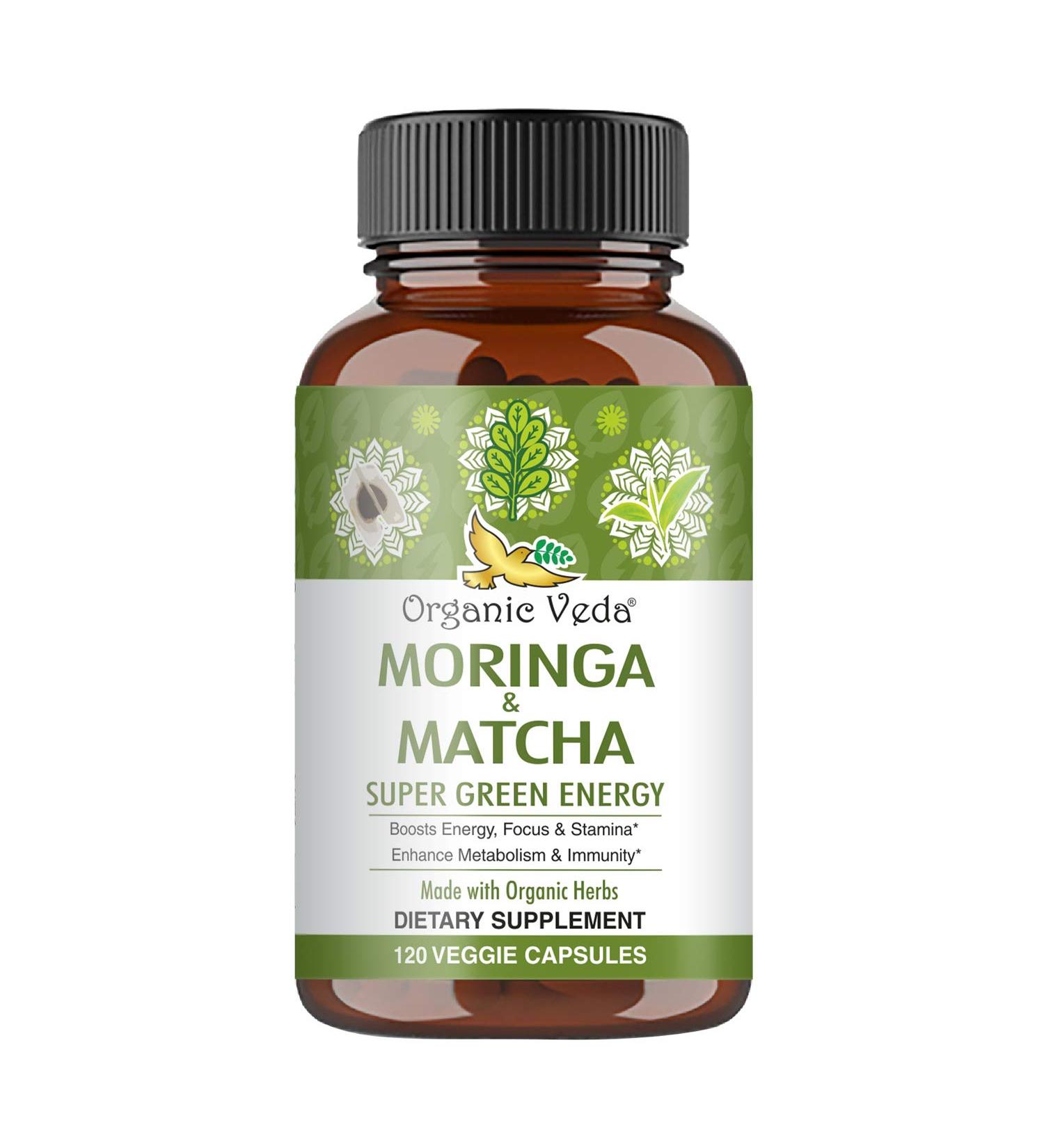 Organic Veda Moringa & Matcha Green Tea Vitamins - 120 Veggie Capsules for Energy Boost, Focus, Stamina, Metabolism & Immune Support - Buy Online on SooperMarket.com