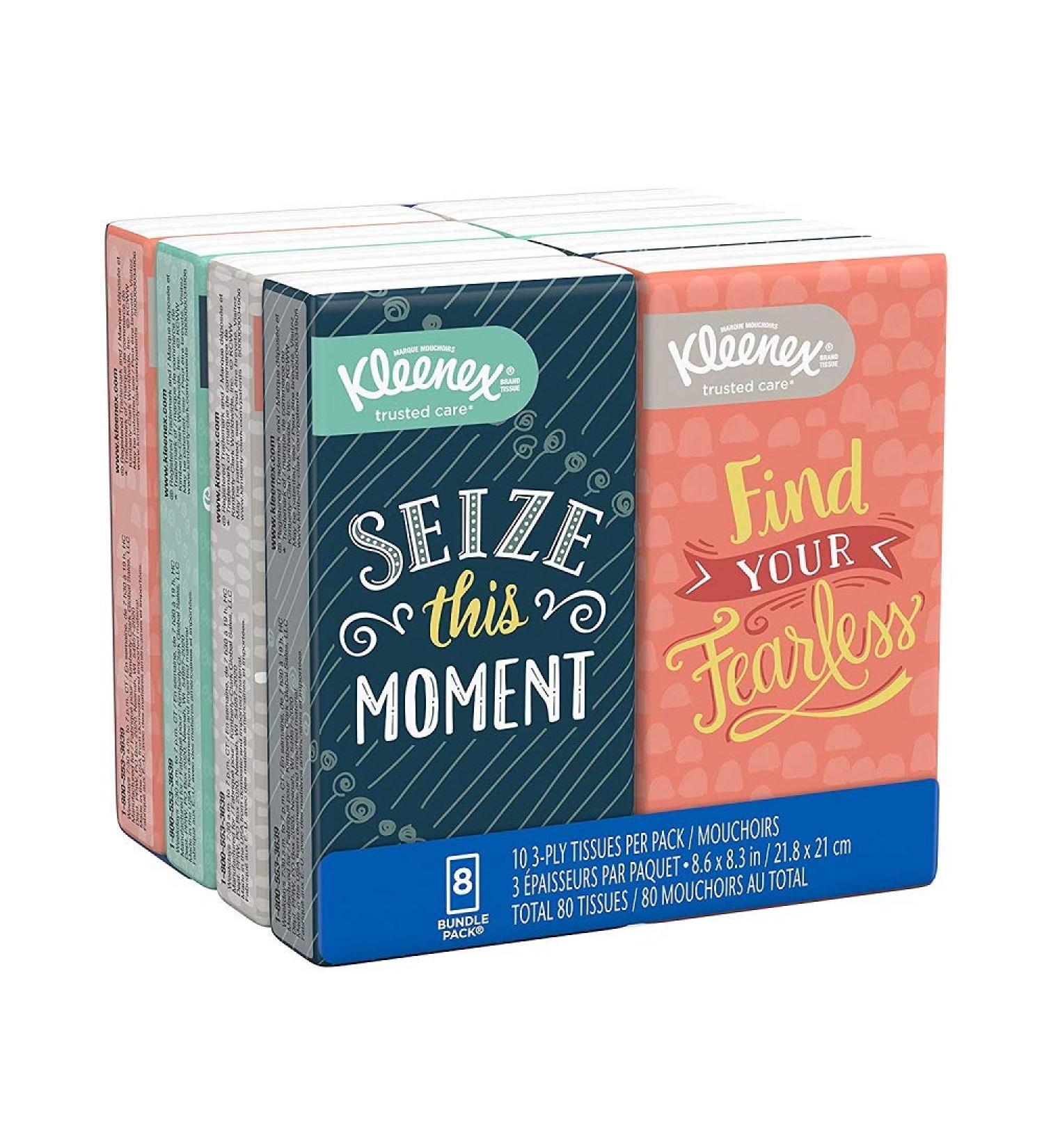 Kleenex Facial Tissues, On-The-Go Small Packs, Travel Size, 10 Tissues per Go Pack 10 Count (Pack of 8)