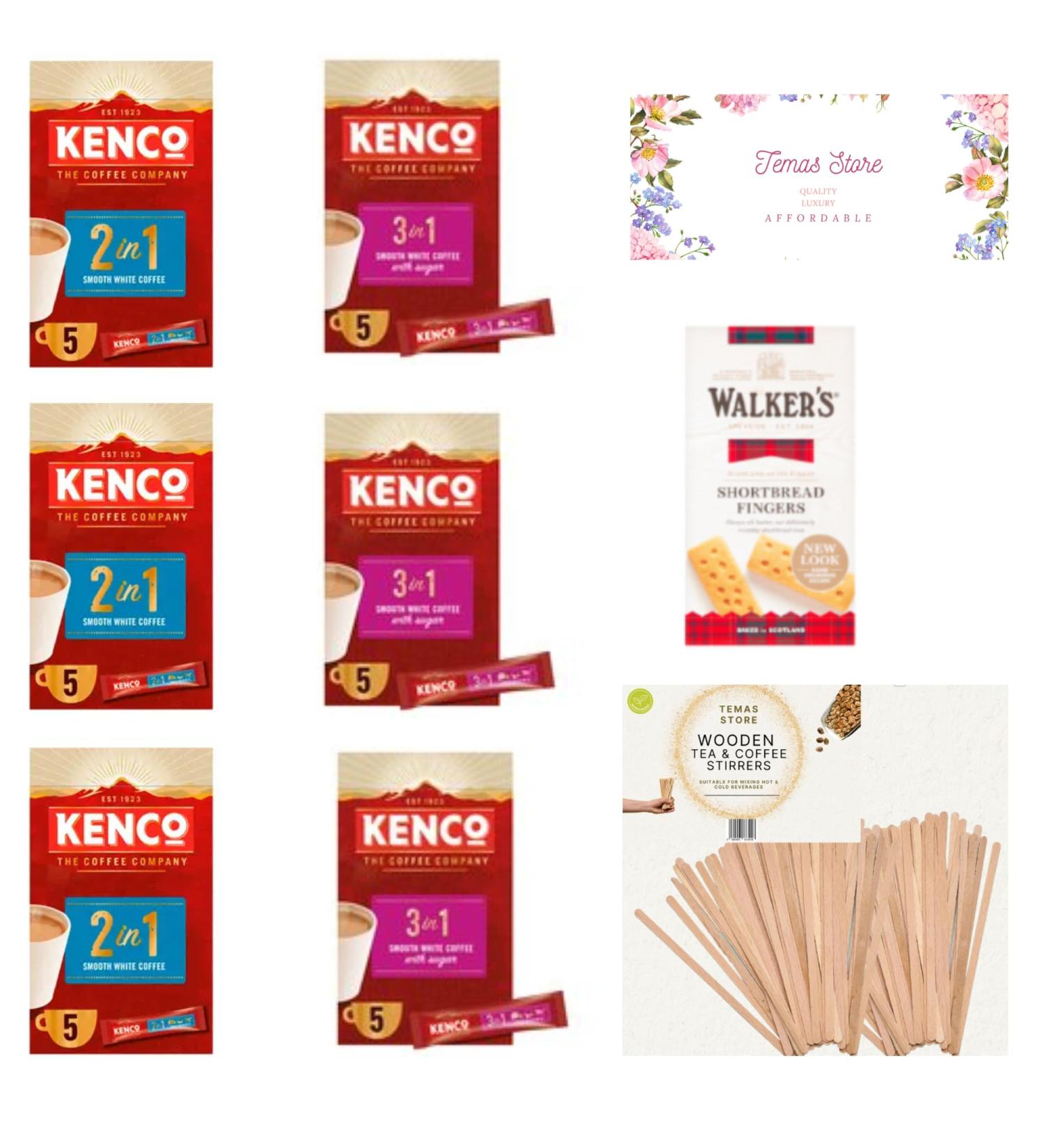 Temas Kenco Smooth White Instant Coffee Bundle - Enjoy Coffee On-The-Go with 3 Pcs Each of 3 in 1 & 2 in 1 Instant Coffee (30 Sachets) Walker's Shortbread Fingers and Wooden Tea & Coffee Stirrers