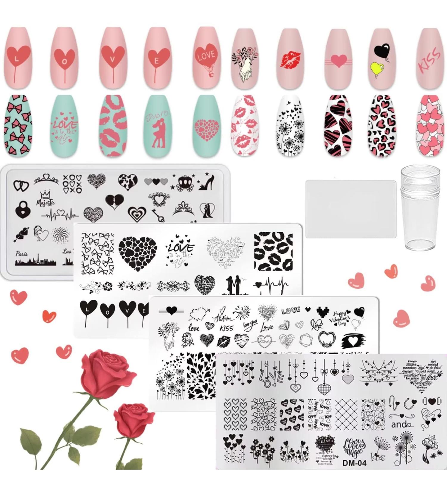 RUNRAYAY 6Pcs Heart Nail Stamping Plates Set with Nail Stamper & Scraper Valentine's Day Theme Nail Art Stamping Plates Love Lips Plaid Stamp Templates Kit Nail Image Manicuring DIY Printing Tools C + Tools - Buy Online on SooperMarket.com