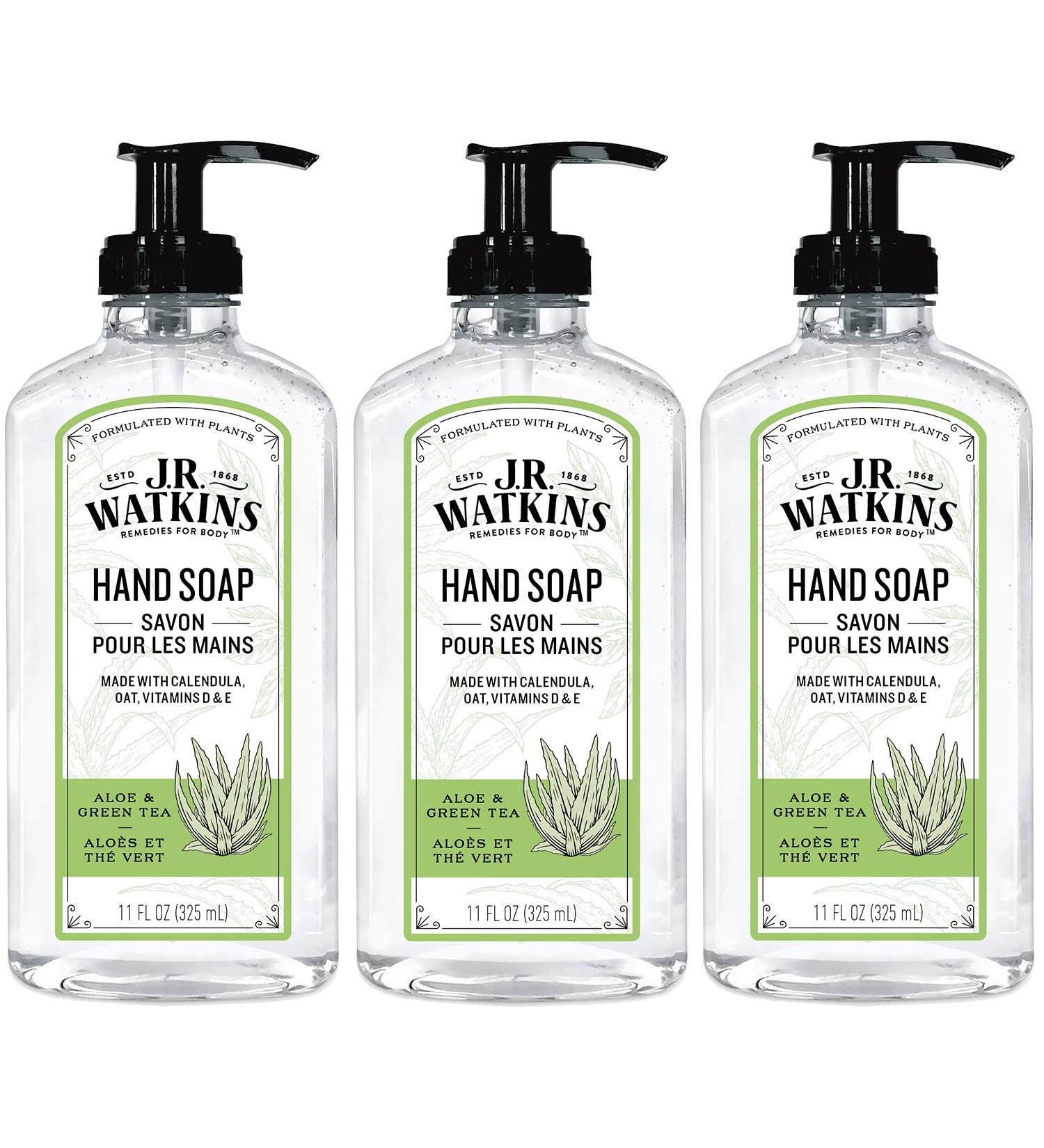 J.R. Watkins Moisturizing Liquid Hand Soap with Dispenser 3 Pack - Alcohol-Free, Cruelty-Free, USA Made - Aloe & Green Tea 11 Fl Oz - Ideal for Bathroom or Kitchen - Buy Online on SooperMarket.com