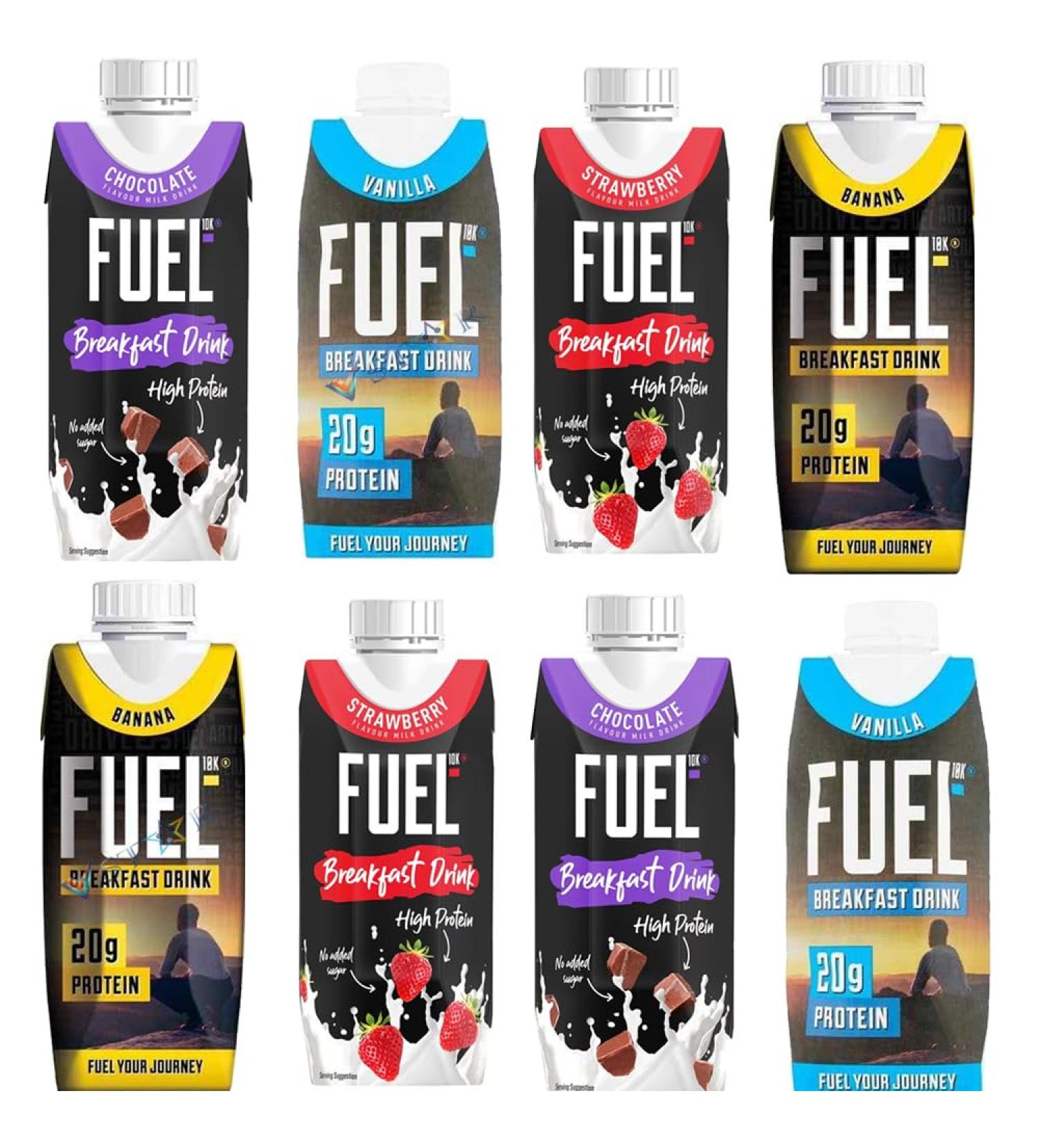 FUEL10K High Protein Banana Chocolate Strawberry & Vanilla Flavour Breakfast Milk Drink 330ml (Pack of 6 Random Mixed) Random Mixed 330 ml (Pack of 1)