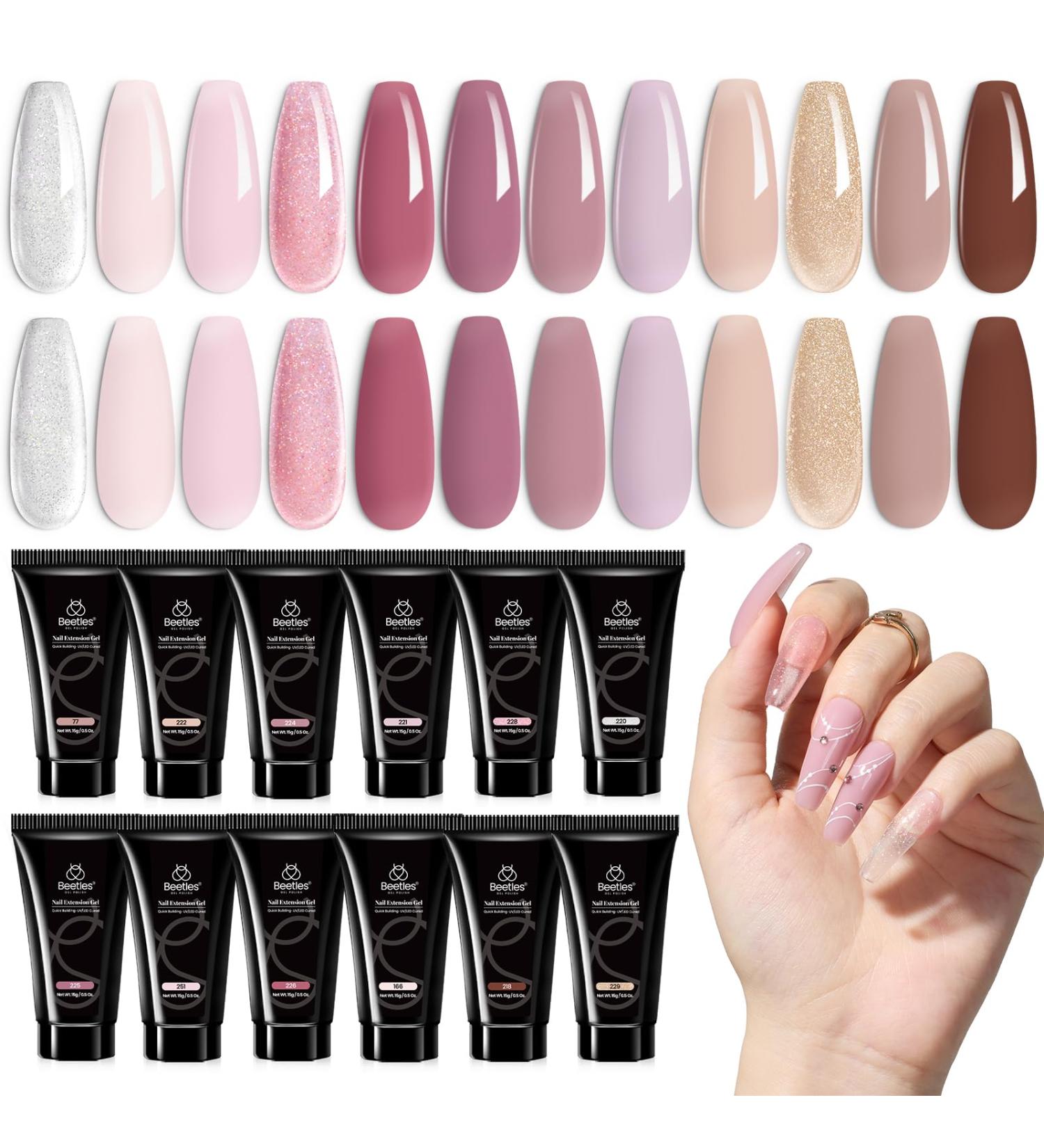 Beetles Poly Nail Extension Kit - 12 Colors Pink Nude & Glitter Gel for Easy DIY Nail Art | Perfect Gift for Women - Buy Online on SooperMarket.com