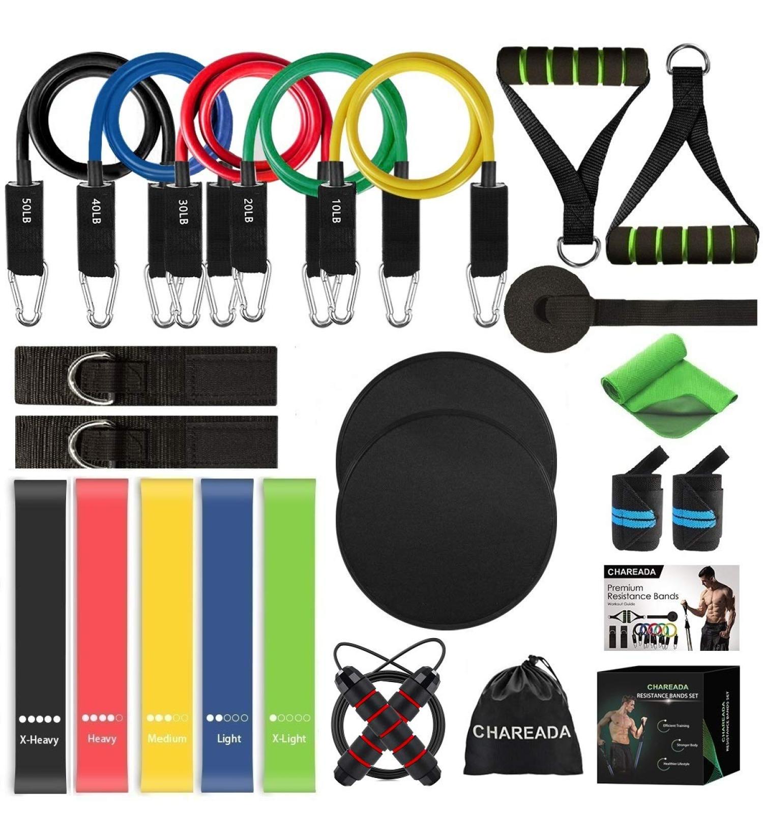 23 Pack Resistance Bands Set with Core Sliders, Door Anchor, Handles, Ankle Straps, Carry Bag, Cooling Towel, Wrist Wraps - Buy Online on SooperMarket.com