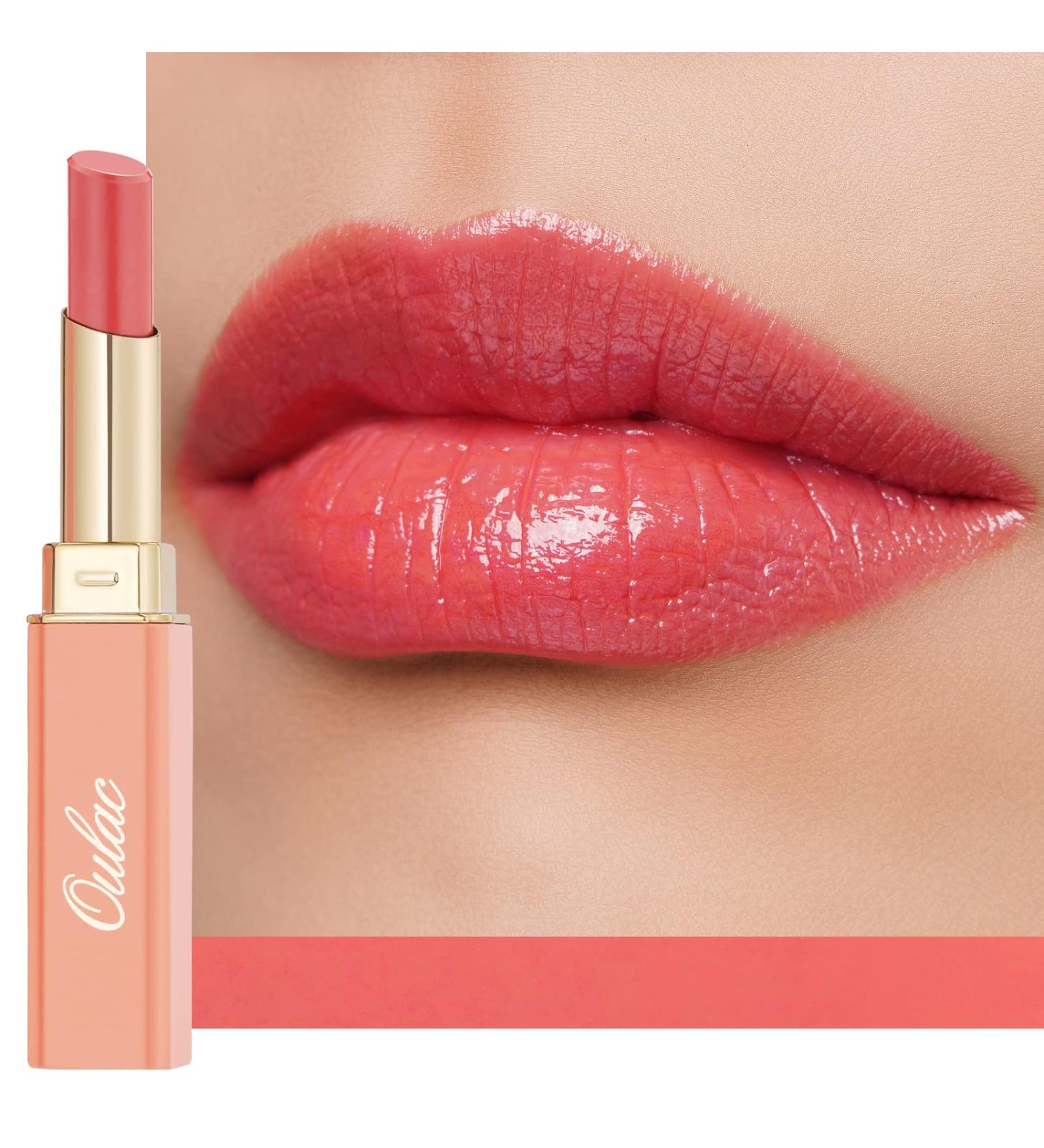 Oulac Coral Peach Moisturising Lipstick: Hydrating Lip Balm for Dry Lips - Juicy Glossy Finish, Vegan & Cruelty-Free (04) - Buy Online on SooperMarket.com