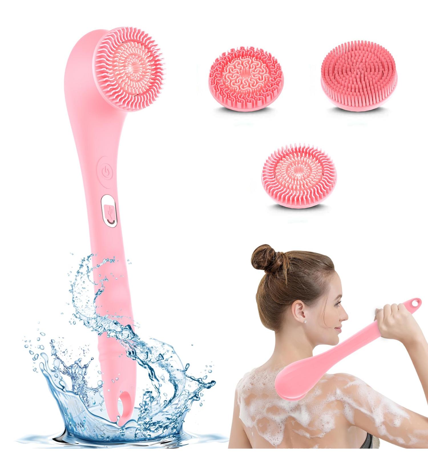 SUUWEE Electric Silicone Body Brush Set with 3 Heads | USB Rechargeable Shower Scrubber for Deep Cleaning | Long Handle for Women Men | Pink - Buy Online on SooperMarket.com