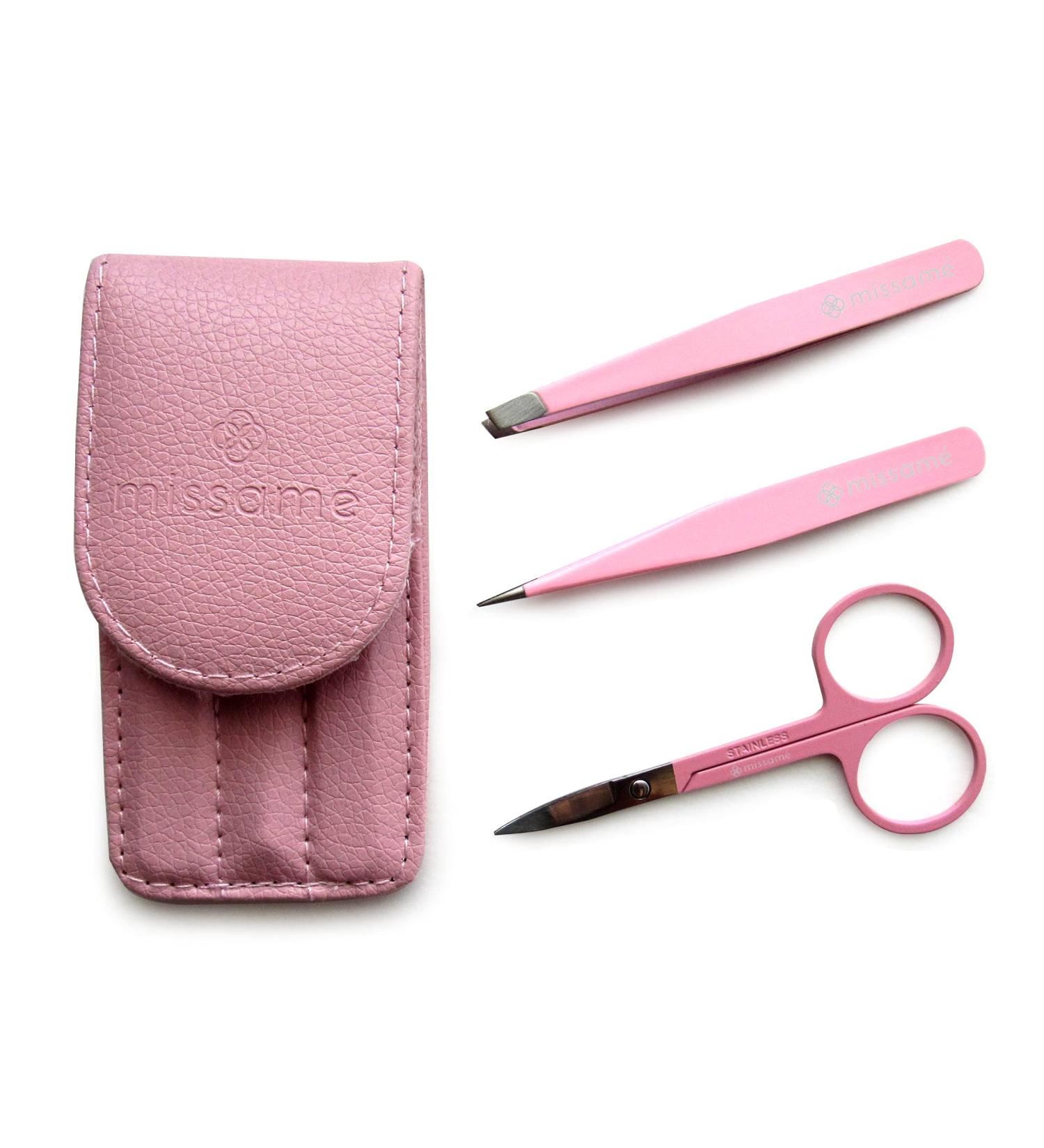 Stainless Steel Eyebrow Tweezers Set with Pointed and Slanted Tips + Curved Brow Scissors Pink Travel Case Included - Buy Online on SooperMarket.com