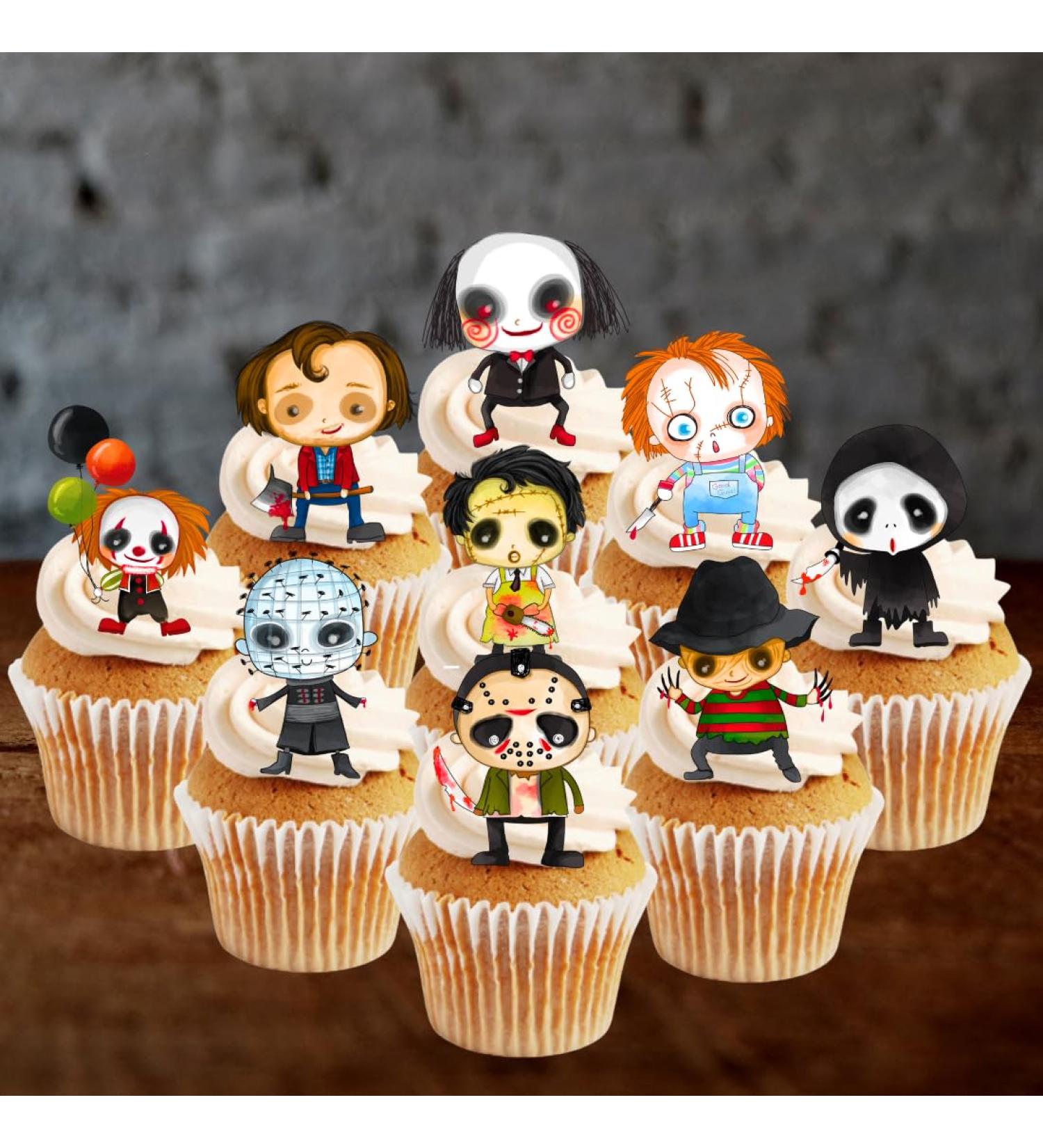 Halloween Horror Cupcake Toppers Theme #1 (PRECUT Optional) Horror Movie Edible Cupcake Toppers - Wafer Cake Decorations (PRECUT Pack of 12) - Buy Online on SooperMarket.com