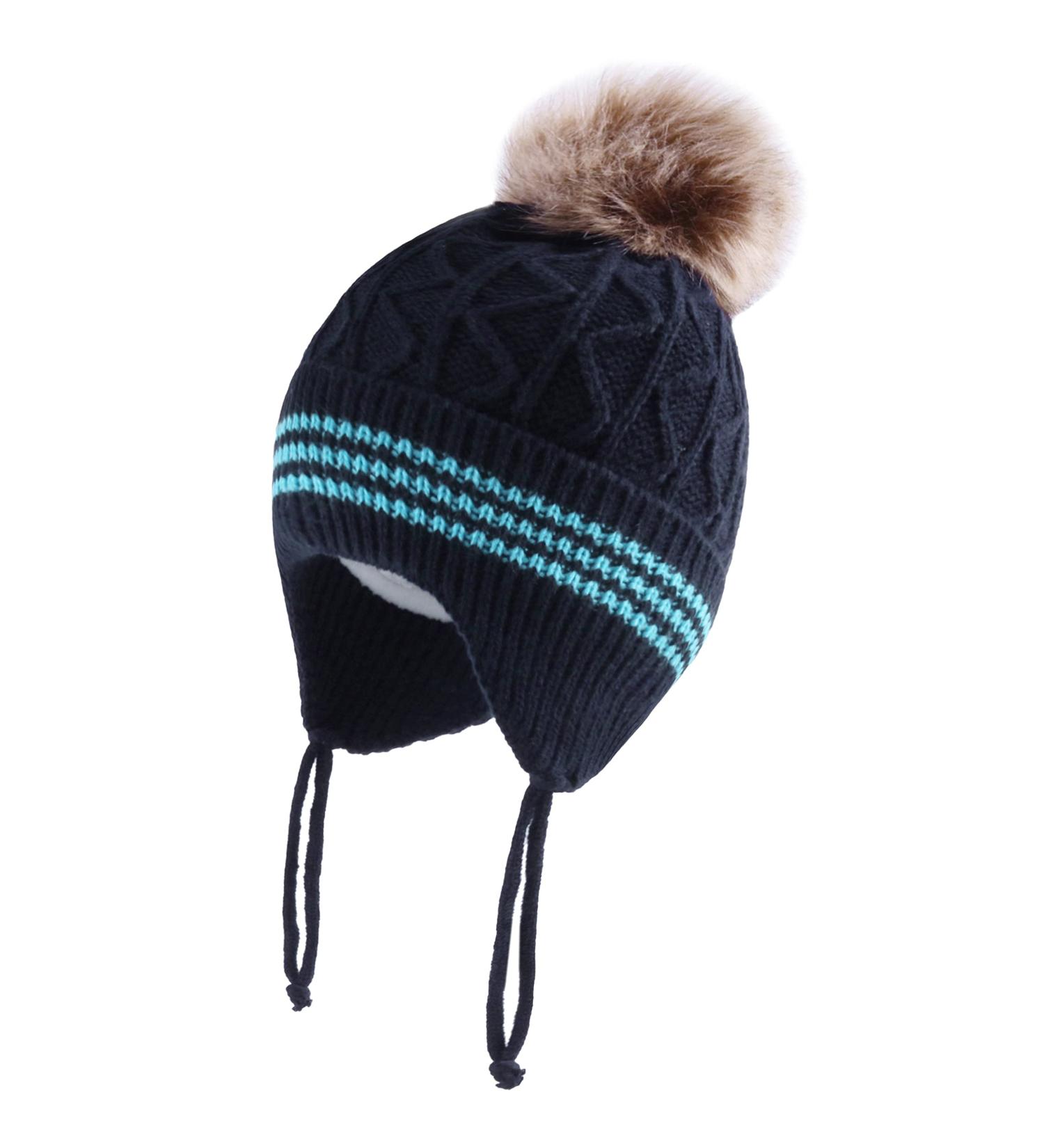 LANGZHEN Toddler Winter Hat Earflap Knit Cap Fleece Lined Beanie for Baby Boys Girls 6-12 Months - Navy-Pompon - Buy Online on SooperMarket.com