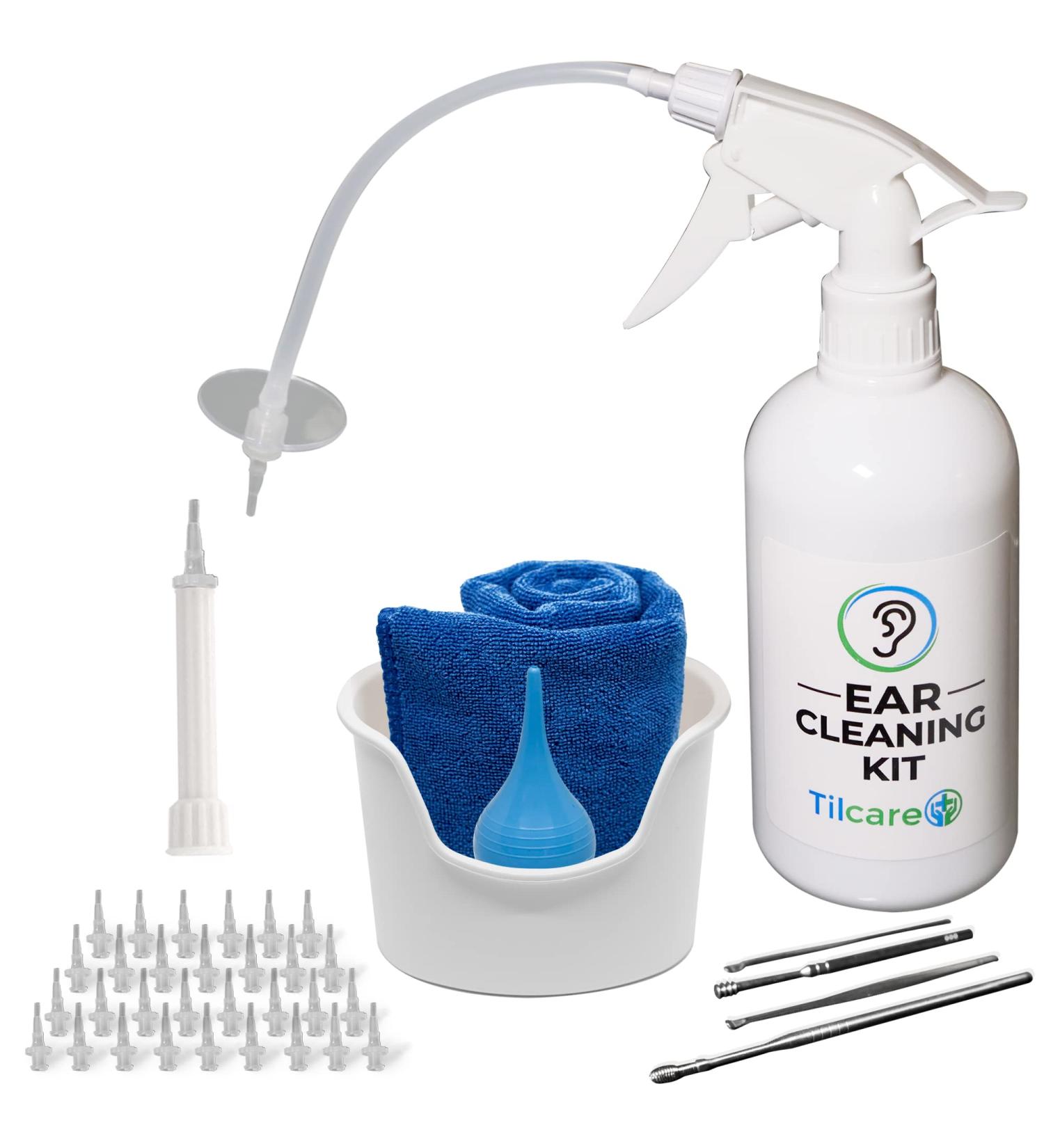 Ear Wax Removal Tool by Tilcare - Ear Irrigation Flushing System for Adults & Kids - Perfect Ear Cleaning Kit - Includes Basin Syringe Curette Kit (Spoon and Spiral) Towel and 30 Disposable Tips - Buy Online on SooperMarket.com