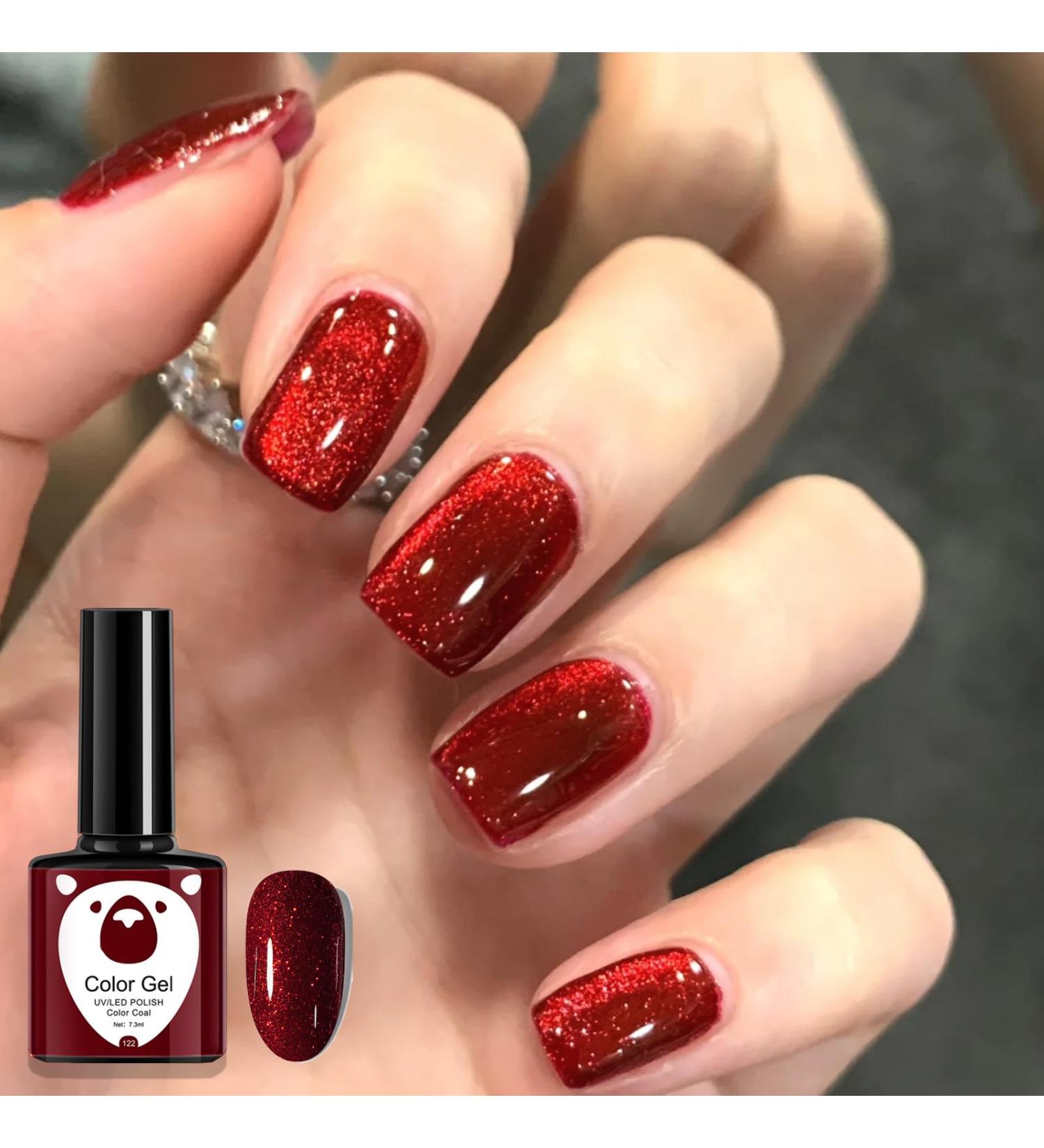 Red Gel Nail Polish Glitter Dark Red Burgundy Cherry Red Gel Polish Soak Off LED/UV Lamp Manicure Long Lasting Gel Nail Varnish for Christmas Women Nail Art Salon DIY Home - Buy Online on SooperMarket.com