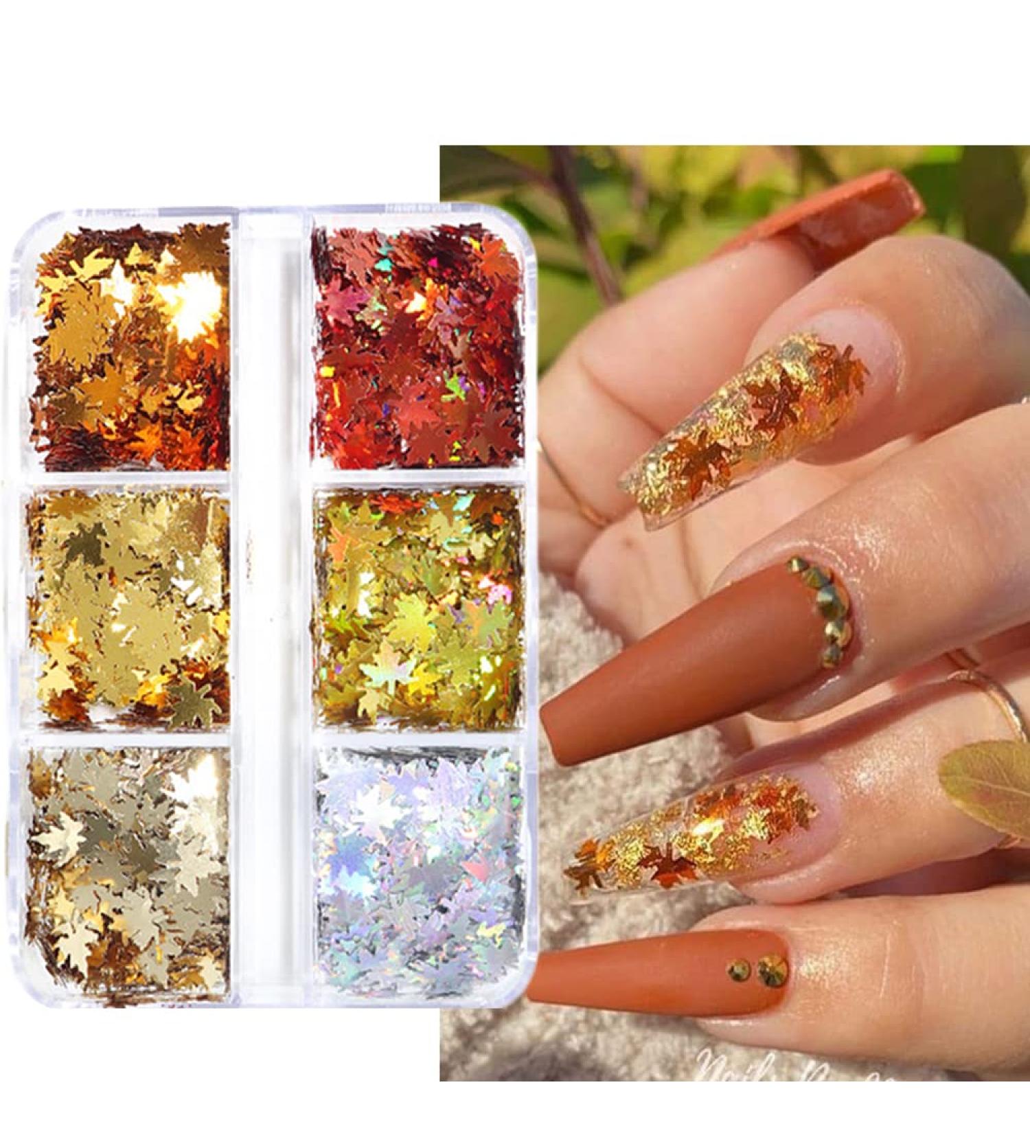 Maple Leaf Nail Glitter Sequins - 3D Holographic Fall Leaves Nail Art Flakes - 6 Colors Laser Autumn Decals for Acrylic Nails - DIY Crafts - Buy Online on SooperMarket.com