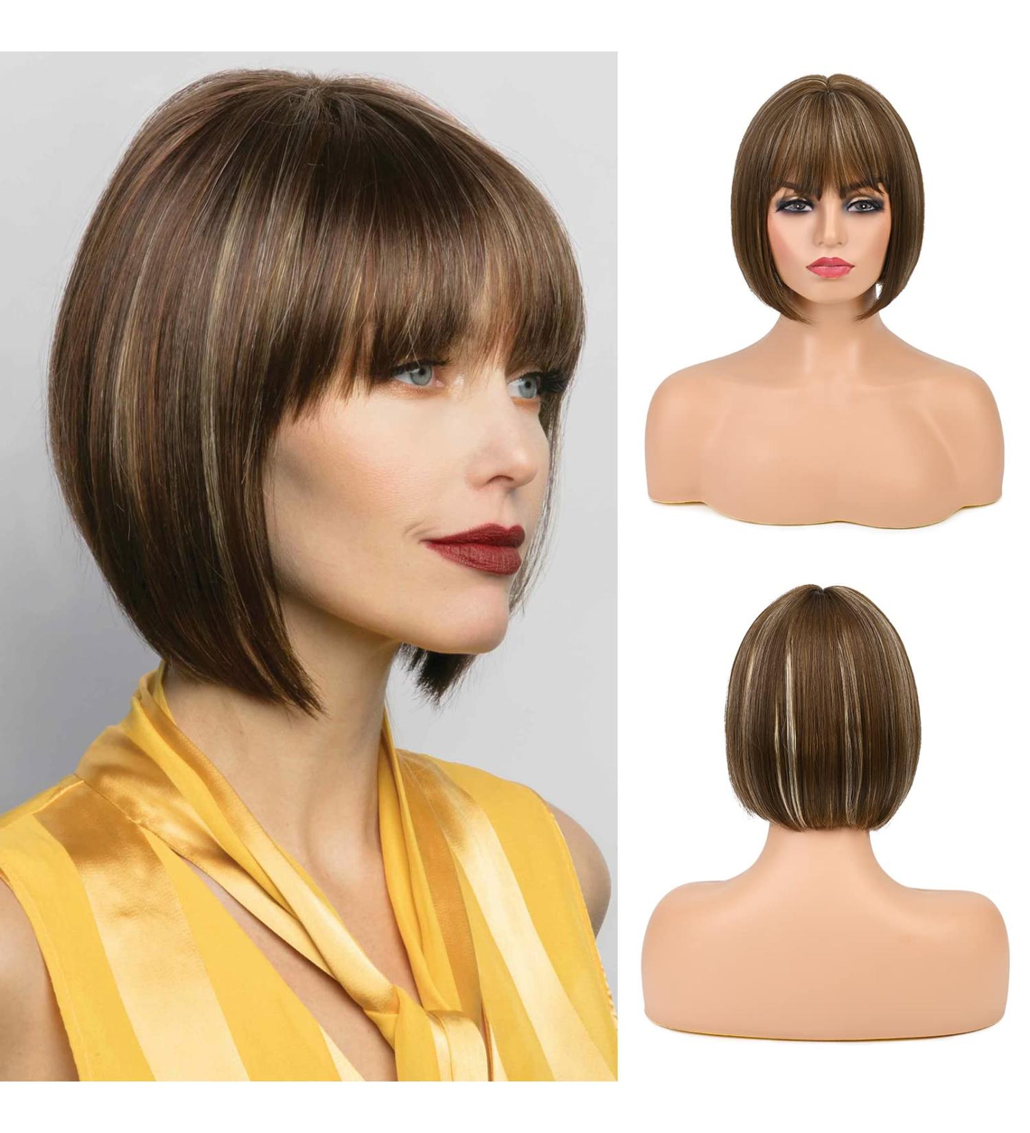 REECHO 11 Short Brown Bob Wig with Bangs - Synthetic Replacement Hair for Women - Chocolate Brown with Blonde Highlights - 11 Inch - Buy Online on SooperMarket.com