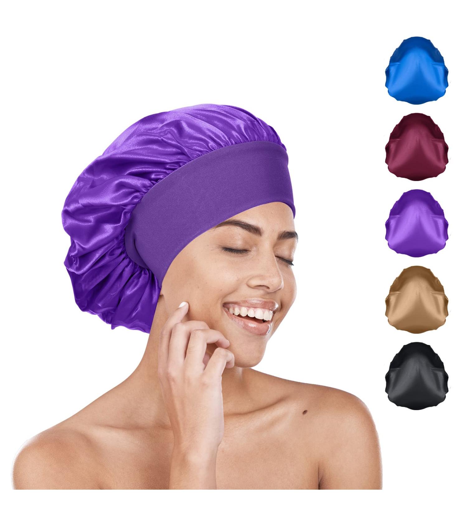 Silk Hair Wrap for Sleeping - Satin Bonnet Sleep Cap for Curly Hair | Soft Satin Head Cover for Women Girls | Purple Silk Bonnet for Makeup and Hair Protection - Buy Online on SooperMarket.com