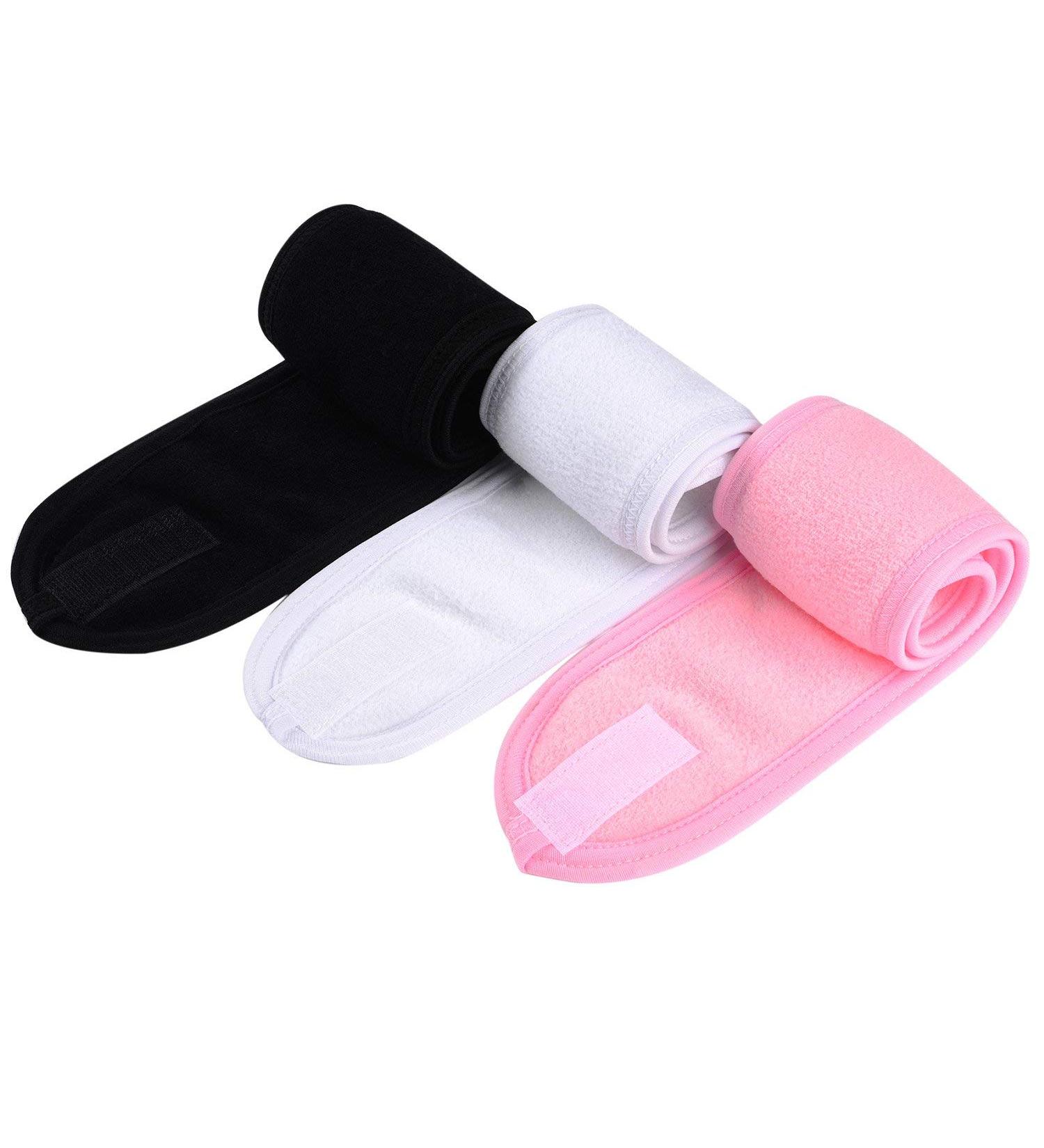 Quesuc Spa Facial Headband Make Up Wrap Head Terry Cloth Headband Adjustable Towel for Face Washing Shower 3 Pieces (White Black Pink) - Buy Online on SooperMarket.com