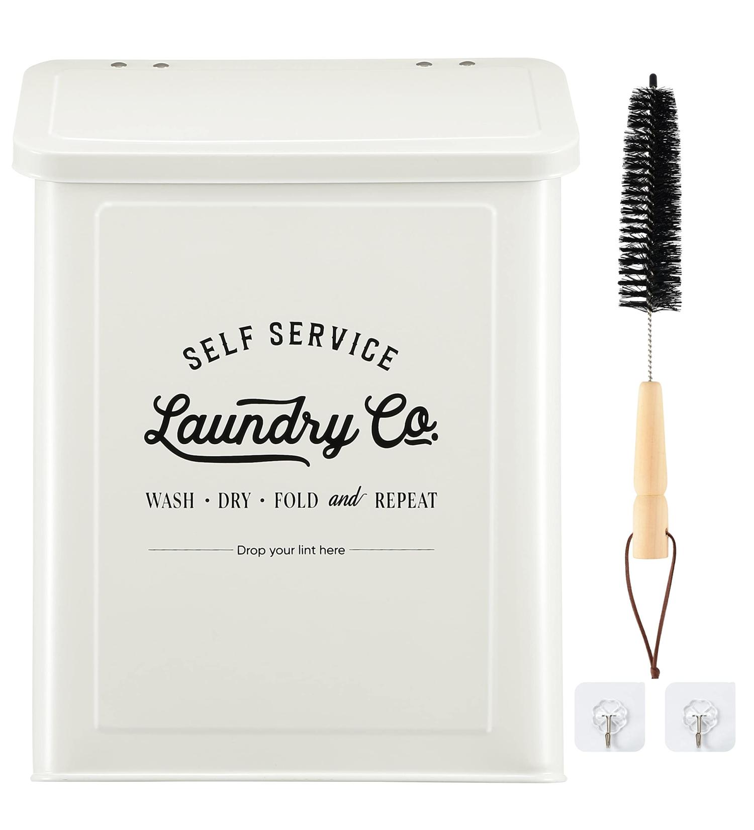 Magnetic Lint Bin for Laundry Room | Metal Trash Can with Lid | Farmhouse Lint Holder & Dryer Lint Brush - Stylish Storage Decor - Buy Online on SooperMarket.com