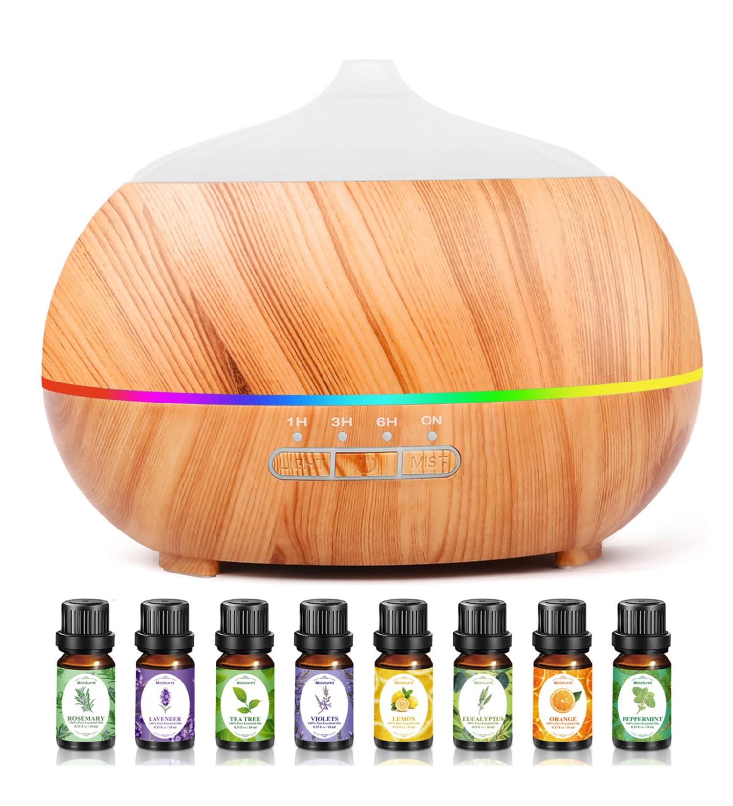 Moisturnt Aroma Diffuser - 500ml Ultrasonic Humidifier with Aroma Oil Set | 7-Color LED Aromatherapy for Home Office & Bedroom - Buy Online on SooperMarket.com