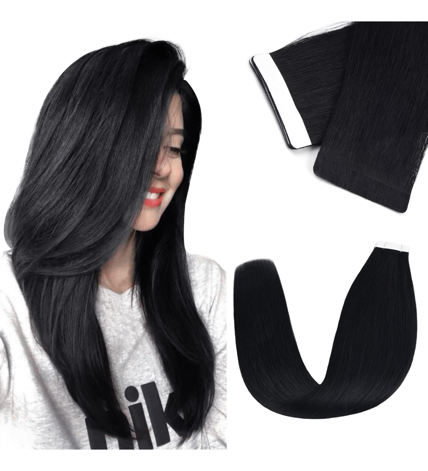 Vlasy 12 Inch Black Tape in Human Hair Extensions - 20pcs Straight Seamless Invisible Tape ins - Real Natural Hair Extensions - Buy Online on SooperMarket.com