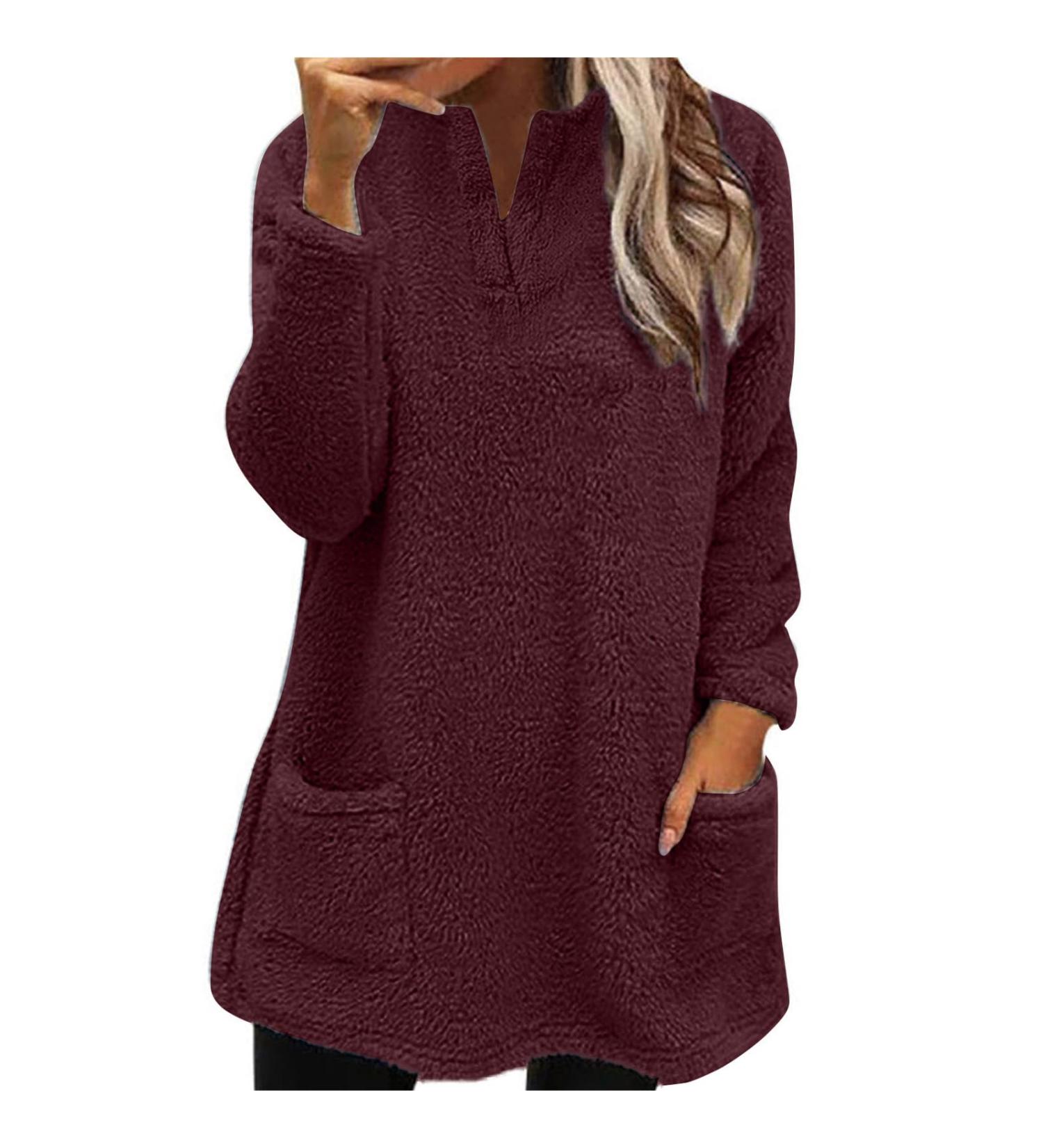 AMhomely Women's Plus Size Teddy Fleece Hoodie with Pocket - Soft Double Fleece Pullover for Winter Lounge Wear - Wine Red - Buy Online on SooperMarket.com