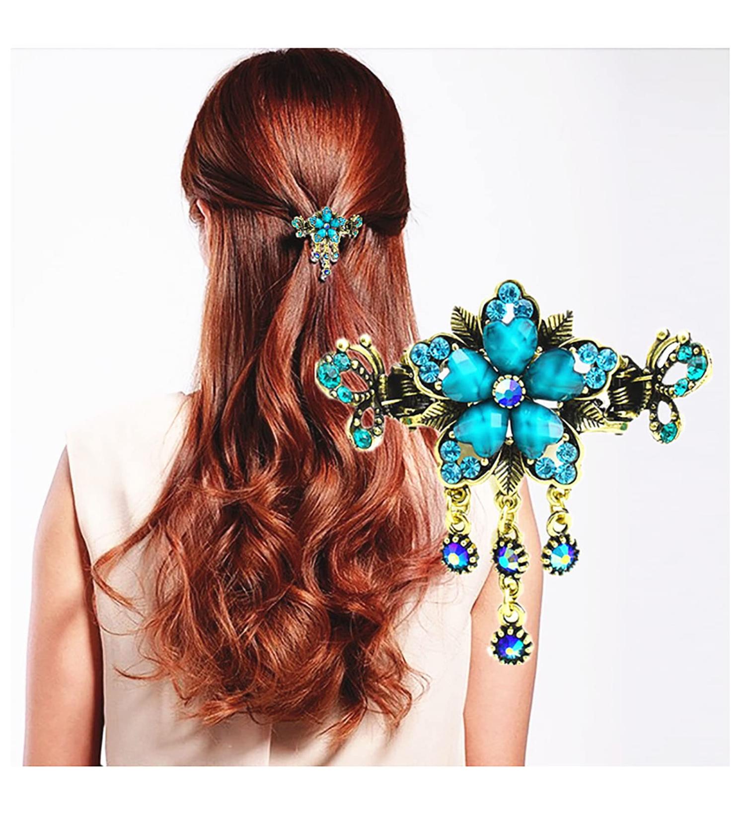 Flower Butterfly Hair Barrettes Vintage French Rhinestone Hair Clasps Claws Floral Hair Clips Accessories for Women Girls Teens (Blue C) - Buy Online on SooperMarket.com