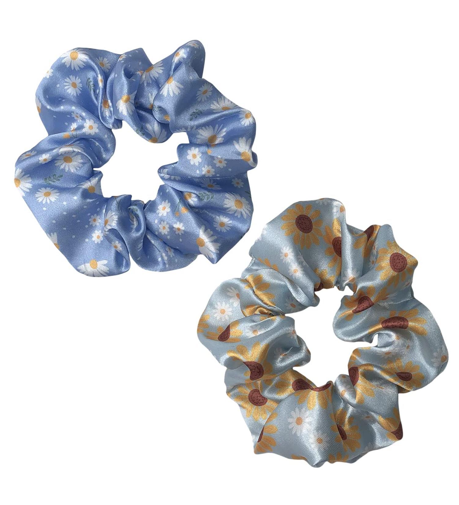 Daisy Flower Blue Hair Scrunchies 2PCS - Women's Silk Hair Accessories & Ponytail Holder Bracelet - Buy Online on SooperMarket.com