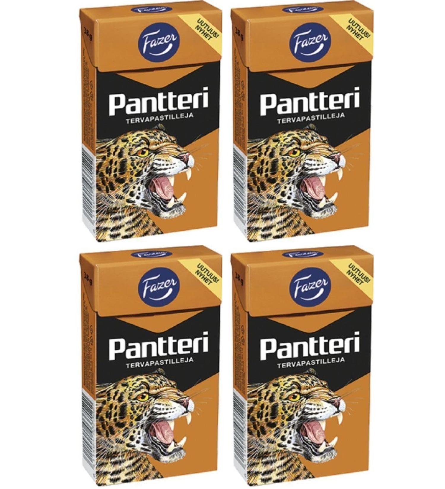 4 Boxes x 38g of Fazer Pantteri Tervapastilleja - Original - Finnish - Salty Licorice - Liquorice - Salmiakki - Salmiak - Salmiac - Tar - Pastilles - Lozenges - Dragees - Drops - Candies - Sweets