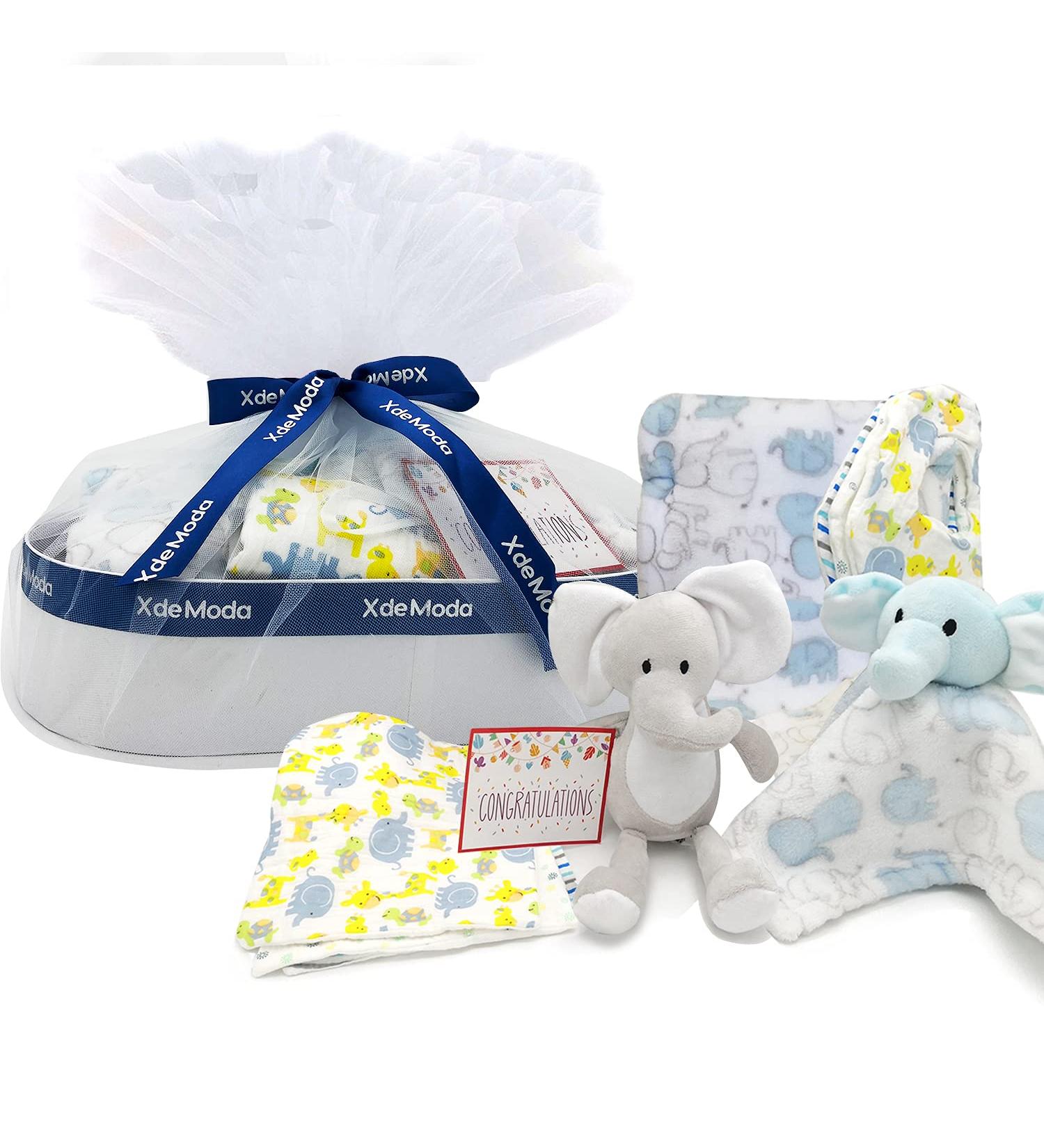 Elephant Theme Newborn Gift Basket for Boys or Girls - Baby Shower Essential Bundle with Registry Must-Haves and Card Included - Buy Online on SooperMarket.com