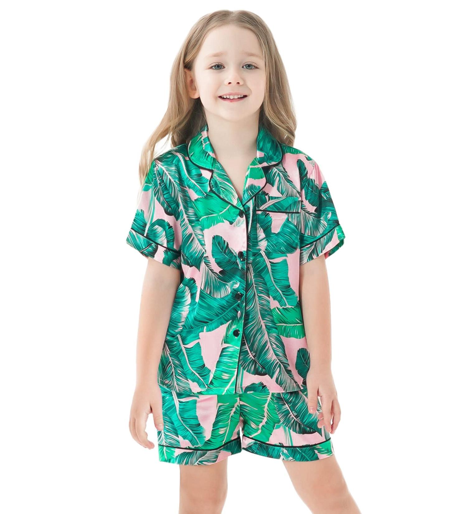 SWOMOG Kids Silk Pyjamas - Short Sleeve Satin PJs Set for Girls Boys | Button-Down Silky Nightwear for Children & Teens | Pink Leaves Design | Ages 4-16 - Buy Online on SooperMarket.com
