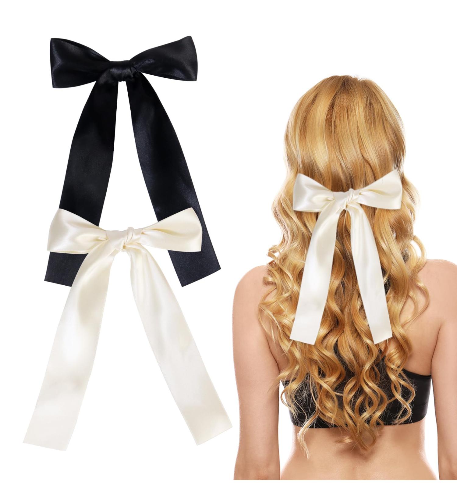 2 Pack Hair Bows for Girls and Women Large Bow Hair Clips Hair Barrette with Long Silky Satin Hair Accessories for Girls Black Beige - Buy Online on SooperMarket.com