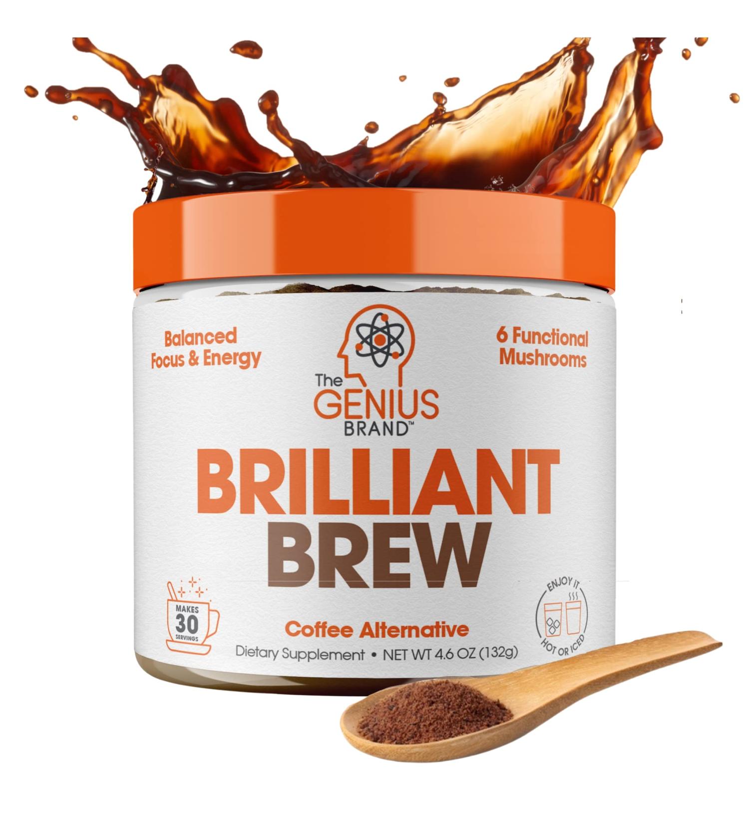 Genius Brilliant Brew: Nootropic Mushroom Coffee Alternative for Natural Energy - No Jitters, No Crash, Sugar-Free, Non-GMO - Buy Online on SooperMarket.com