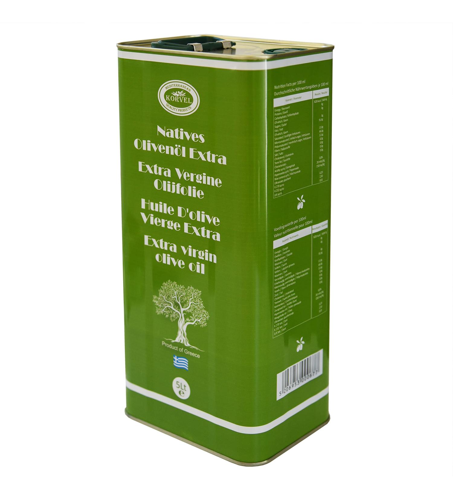 KORVEL Olive Oil - Premium Extra Virgin Olive Oil 5 liter - Fresh from the harvest - Cold pressed Olive oil 5l - Koroneiki Olives - Kalamata Region in Greece - Canister with spout - Buy Online on SooperMarket.com