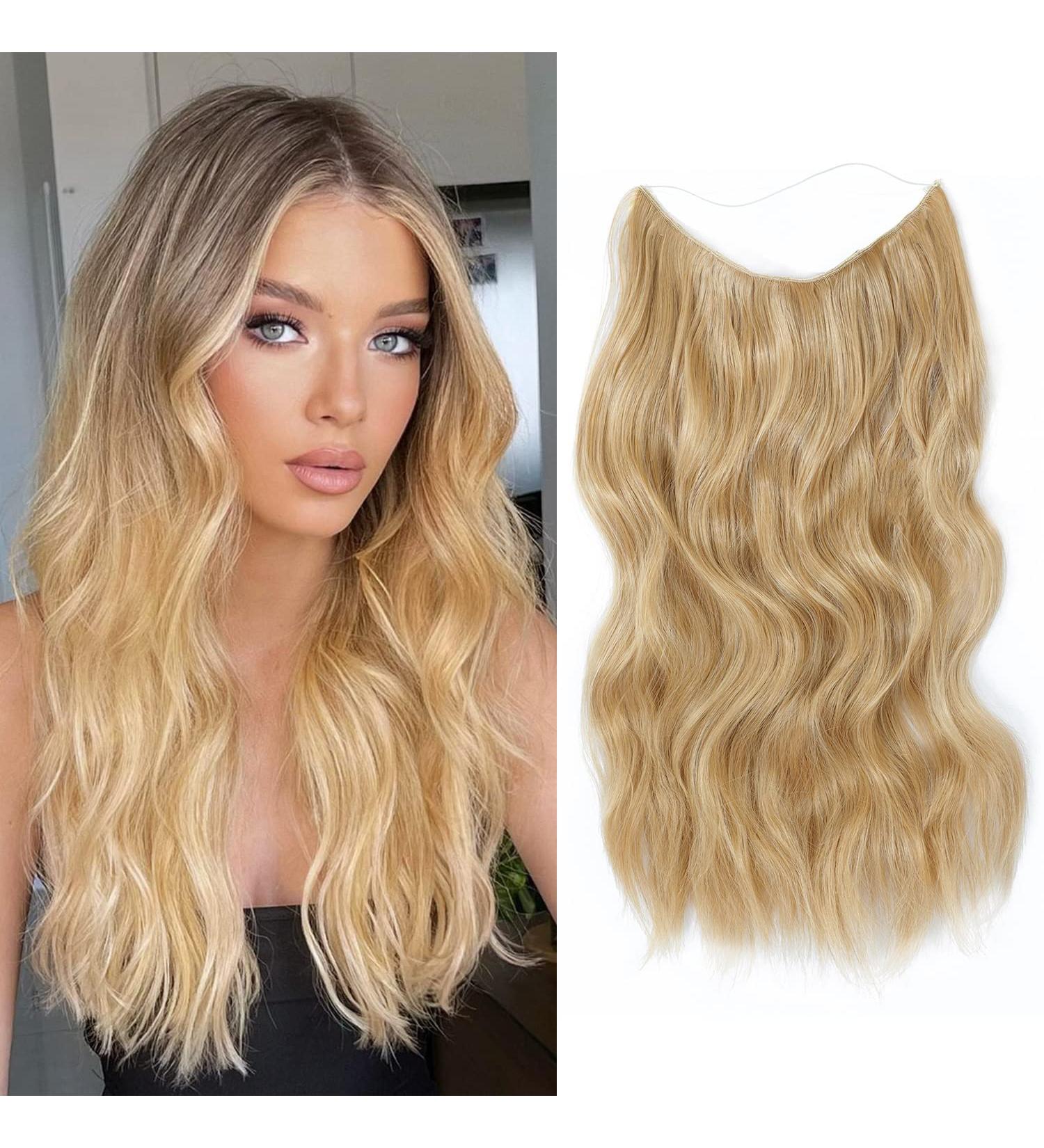 Invisible Wire Hair Extension - Natural Wavy Synthetic Clip-In, Adjustable Size with 2 Secure Clips, Long Curly Golden Blonde - Secret Hair Piece for Women (16inch) - Buy Online on SooperMarket.com