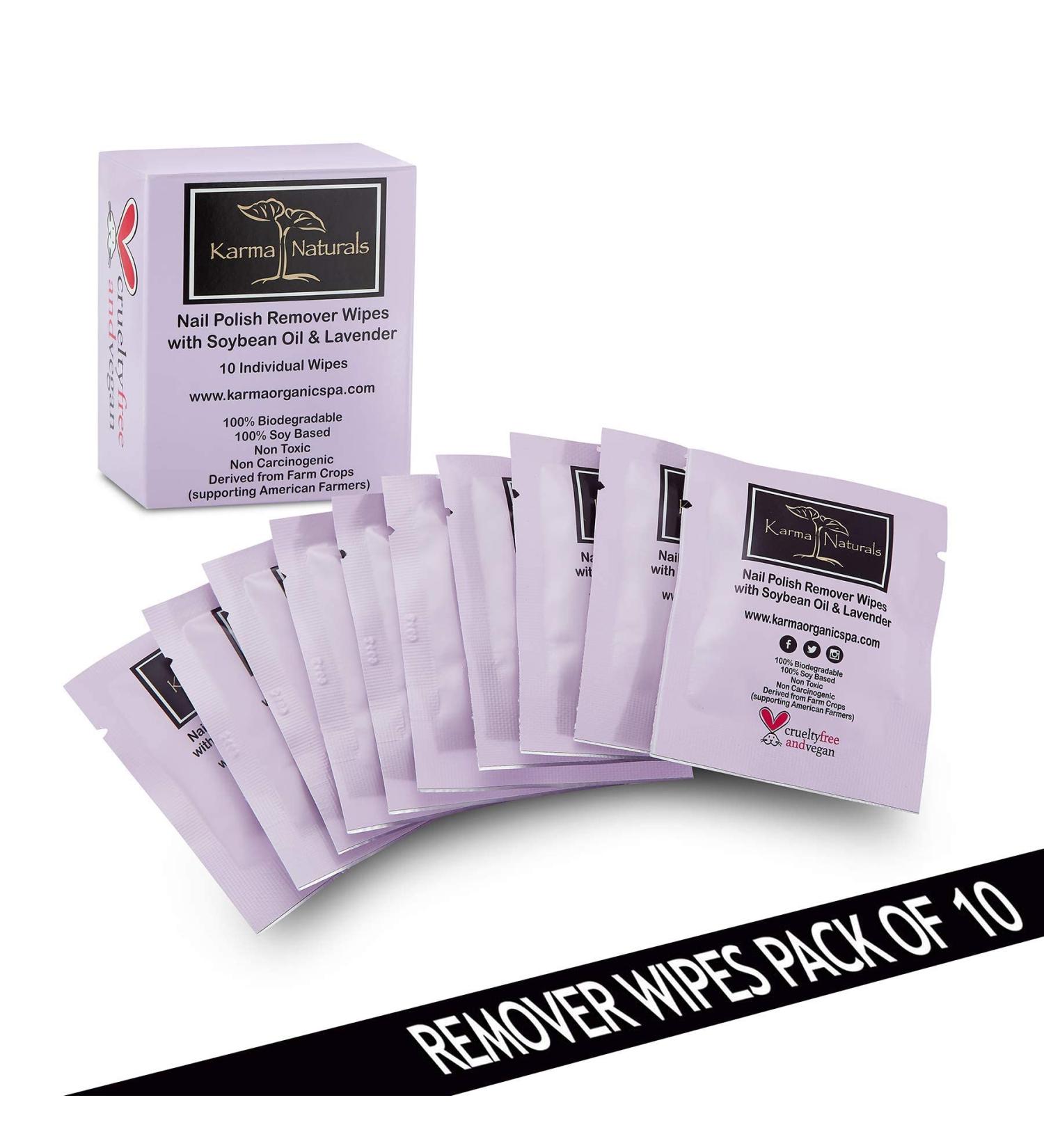 Karma Organic Natural Nail Polish Remover Wipes - 100% Soy Based, Non-Toxic, Vegan, Cruelty-Free - Pack of 10 - Buy Online on SooperMarket.com