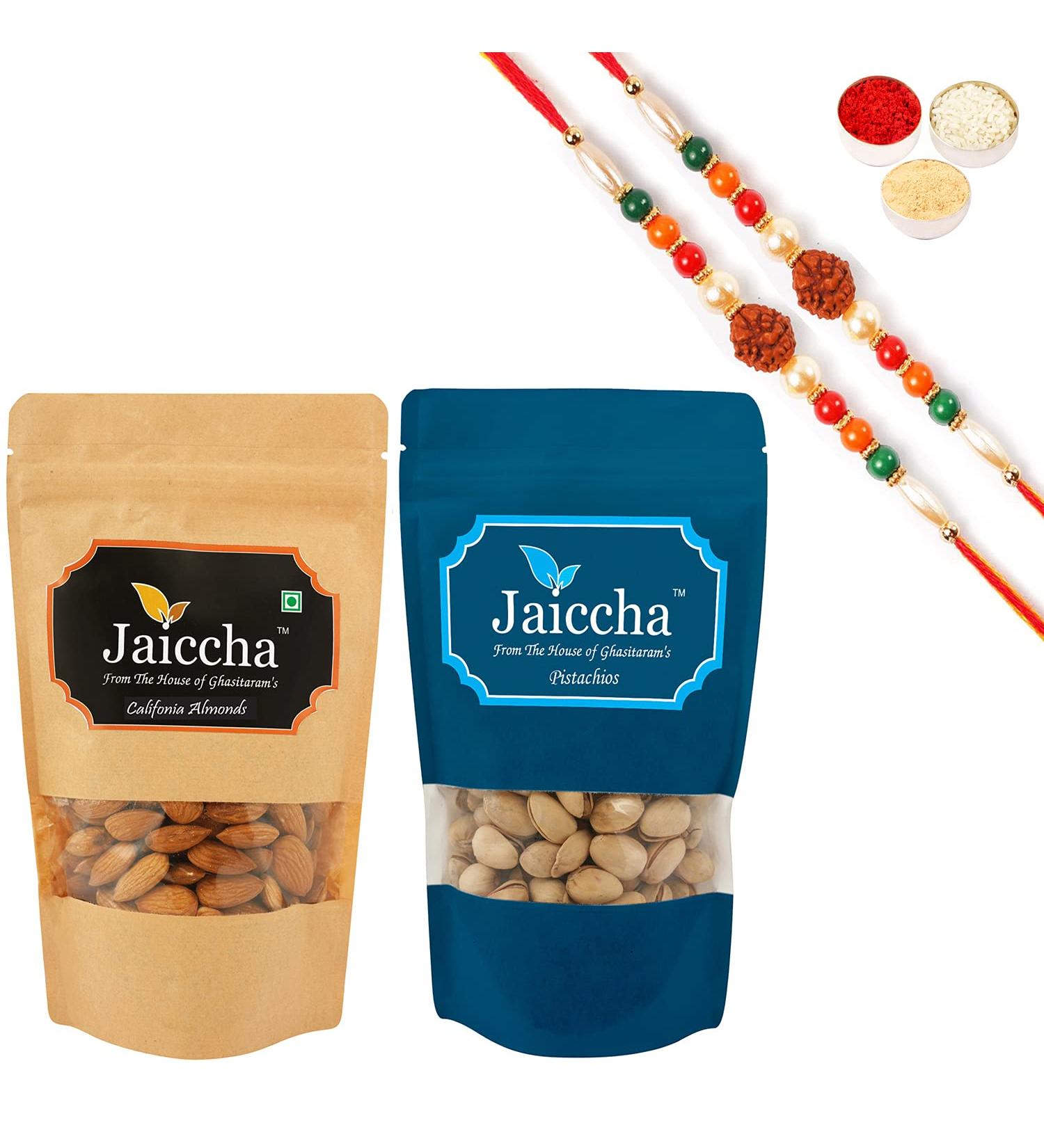 Jaiccha Ghasitaram Rakhi Gifts for Brothers Rakhi Dryfruits - Almonds 100 GMS and Pistachios 100 GMS Pouches with 2 Rudraksh Rakhis Almond 200 gms - Buy Online on SooperMarket.com