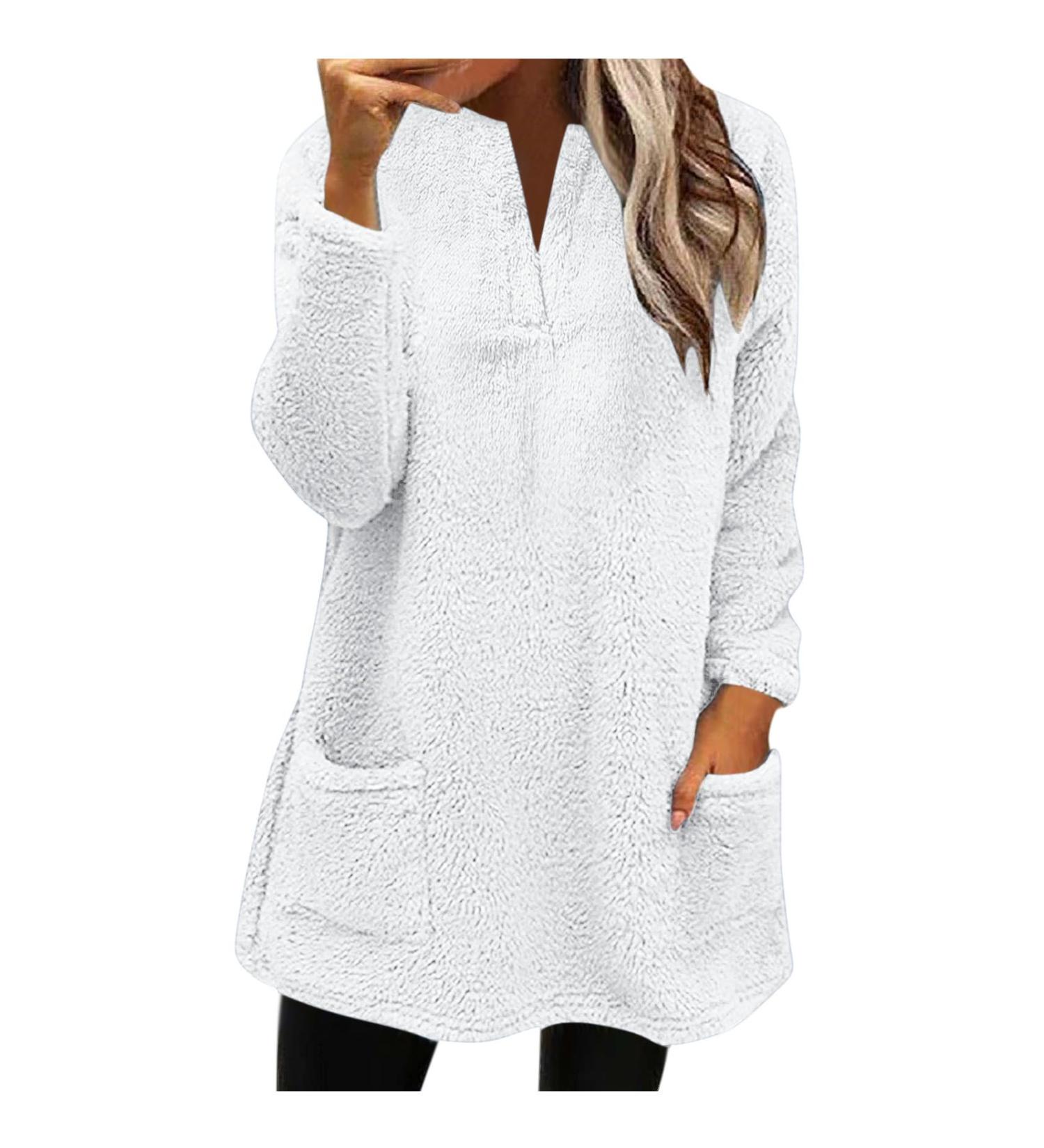 AMhomely Women's Plus Size Teddy Fleece Hoodie - Double Fleece Casual Pullover with Pocket | V-Neck Sweatshirt for Winter | Lightweight Lounge Top - White, Size M - Buy Online on SooperMarket.com