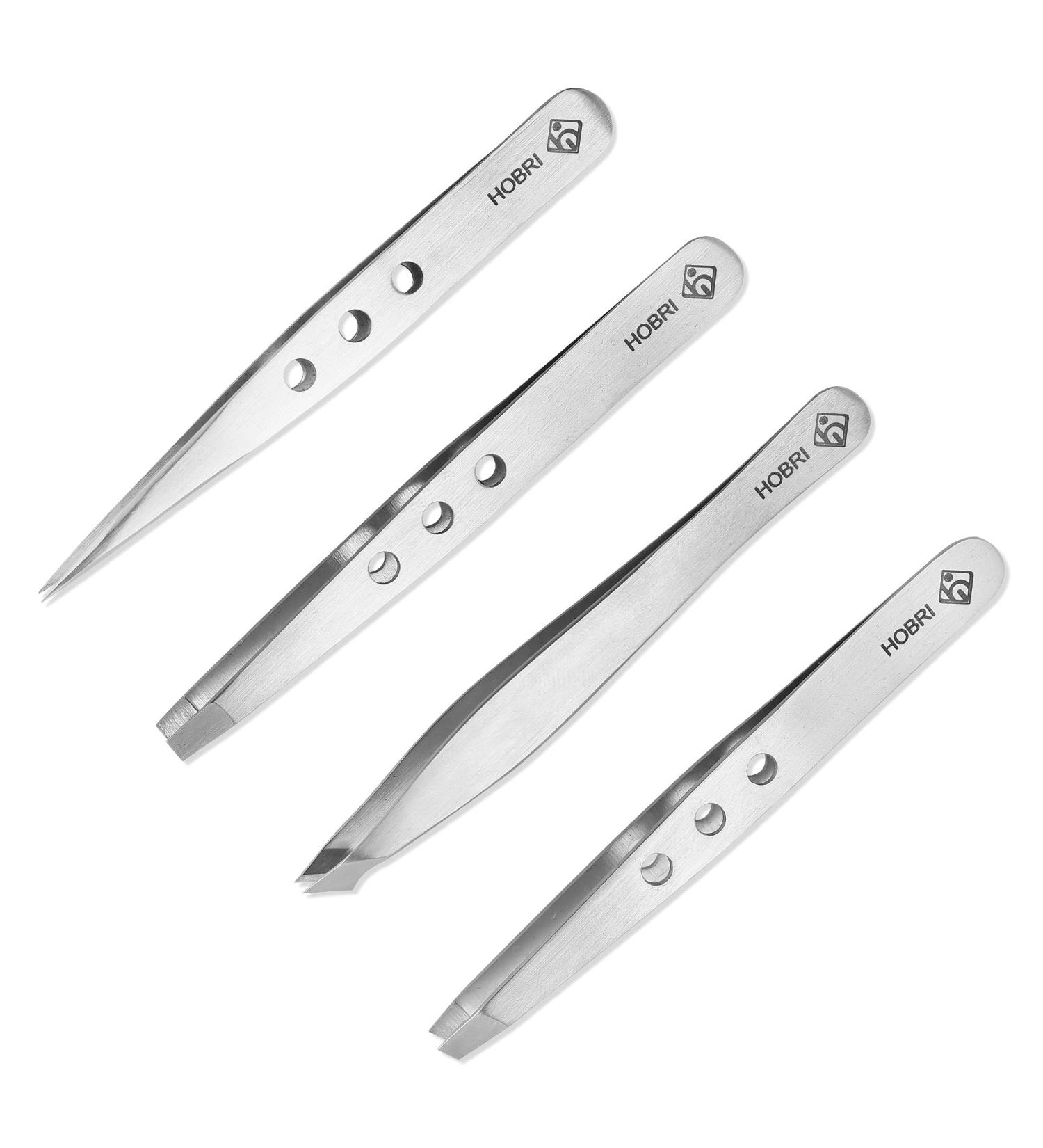 Professional Stainless Steel Eyebrow Tweezers Set - 4 Pieces with Travel Case by Hobri International - Perfect Beauty and Personal Care Tool - Buy Online on SooperMarket.com