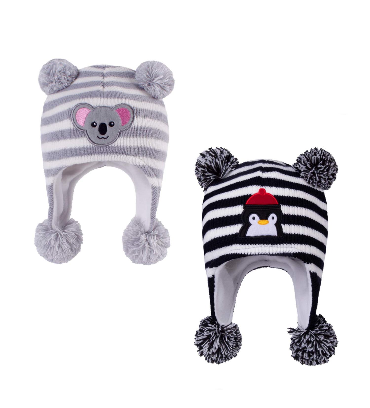 LANGZHEN Toddler Winter Hat with Earflap and Fleece Lining for Baby Boys Girls 2-4 Years - Penguin and Koala Design - Black and Grey Stripe - Buy Online on SooperMarket.com