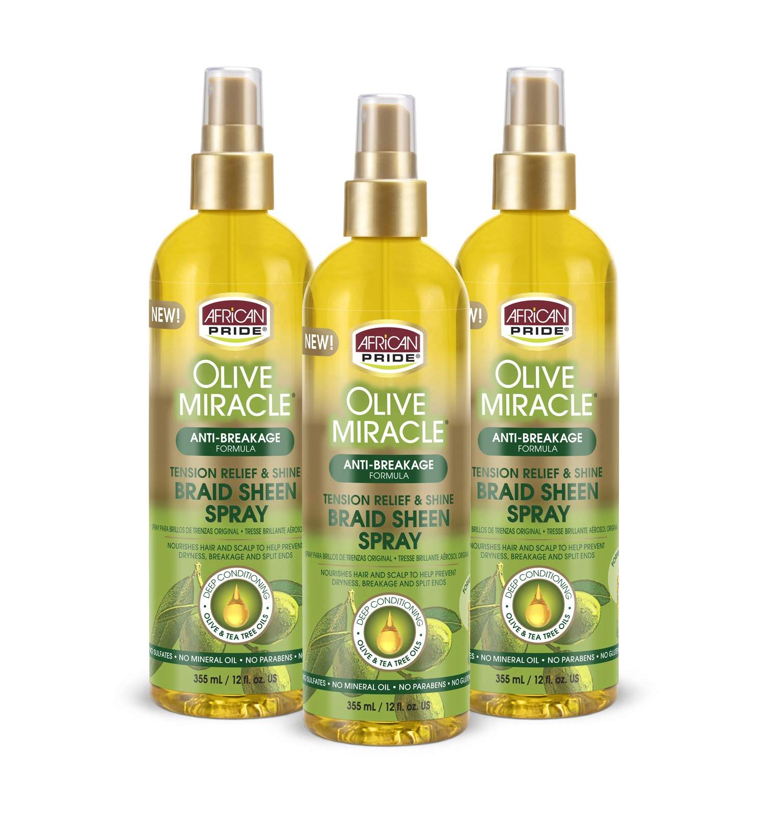 African Pride Olive Miracle Braid Sheen Spray (3 Pack) with tea tree oil and olive oil to protect and moisturize scalp and hair.12oz. 12 Fl Oz (Pack of 3) - Buy Online on SooperMarket.com