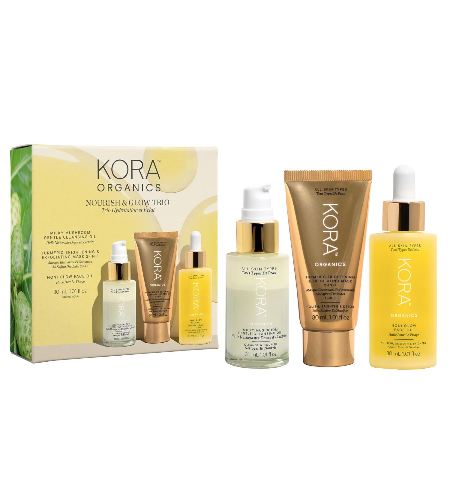KORA Organics Nourish & Glow Trio Gift Set | Noni Glow Oil Turmeric Mask & Milky Mushroom Cleanser International Shipping Available - Buy Online on SooperMarket.com