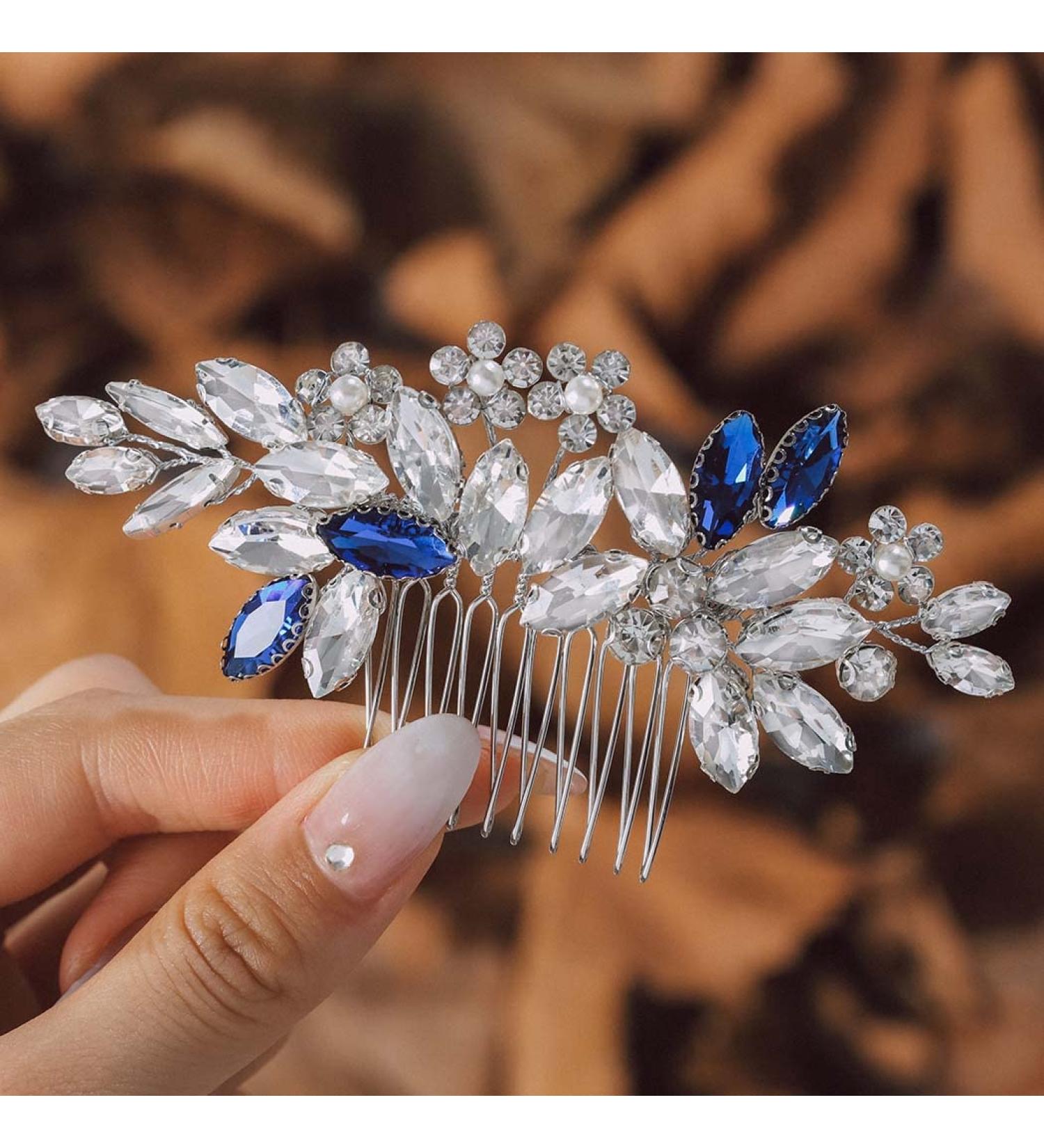 IYOU Crystal Bridal Hair Comb Blue Wedding Side Combs Sparkly Rhinestone Headpiece Prom Bride Bridesmaid Hair Accessories for Women - Buy Online on SooperMarket.com