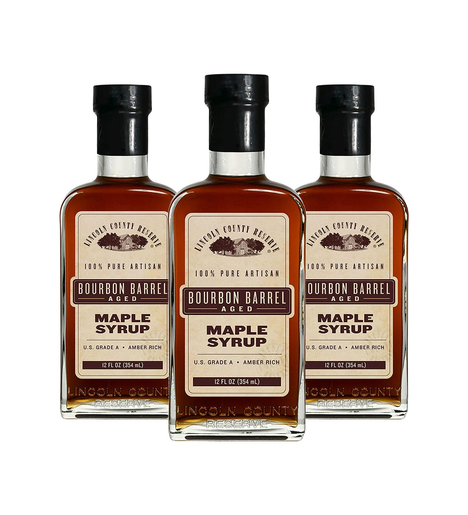 Lincoln County Reserve Bourbon Barrel Aged Maple Syrup - Grade A Amber Rich Taste - Gluten-Free - 12FL OZ (3 Pack) - Buy Online on SooperMarket.com