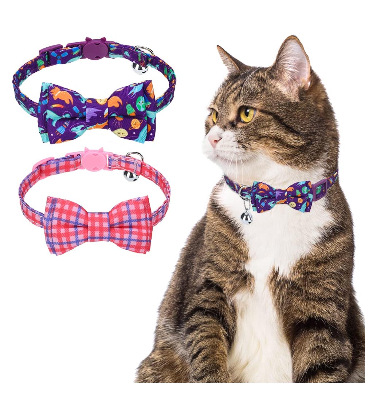 EXPAWLORER Breakaway Cat Collar 2 Pack with Bow tie and Bell - Cute Kitten Safety Collars - Plaid Dinosaur Universe Pattern Purple - Buy Online on SooperMarket.com