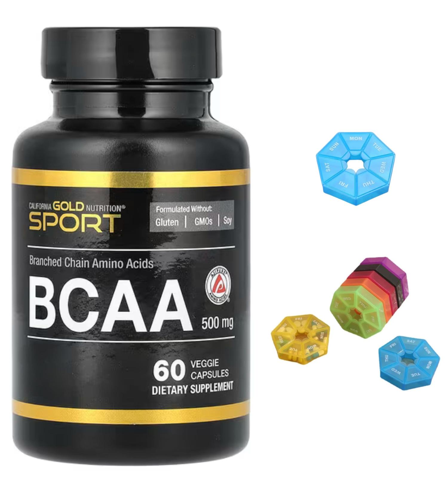 BCAA AjiPure Branched Chain Amino Acids Compatible With California Gold Nutrition 500 mg 60 Capsules + Bonus Pill Organizer Weekly Pill Organizer Mini - Buy Online on SooperMarket.com