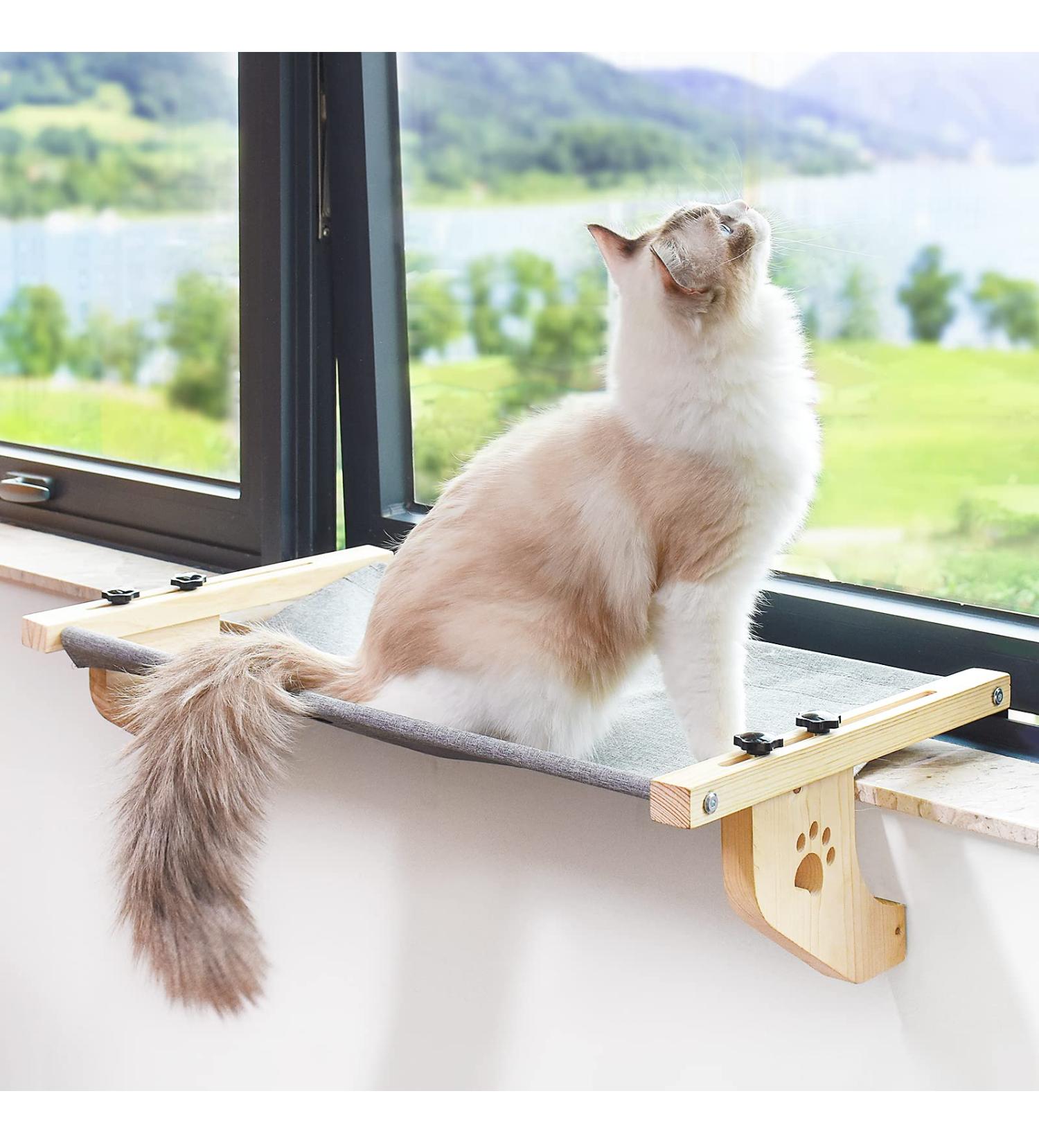 AMOSIJOY Cat Window Perch Hammock for Large Cats - Sturdy Wood & Metal Frame - Easy to Assemble Cat Bed for Windowsill, Bedside, Drawer, Cabinet - 21.7x15x6.9 - Buy Online on SooperMarket.com