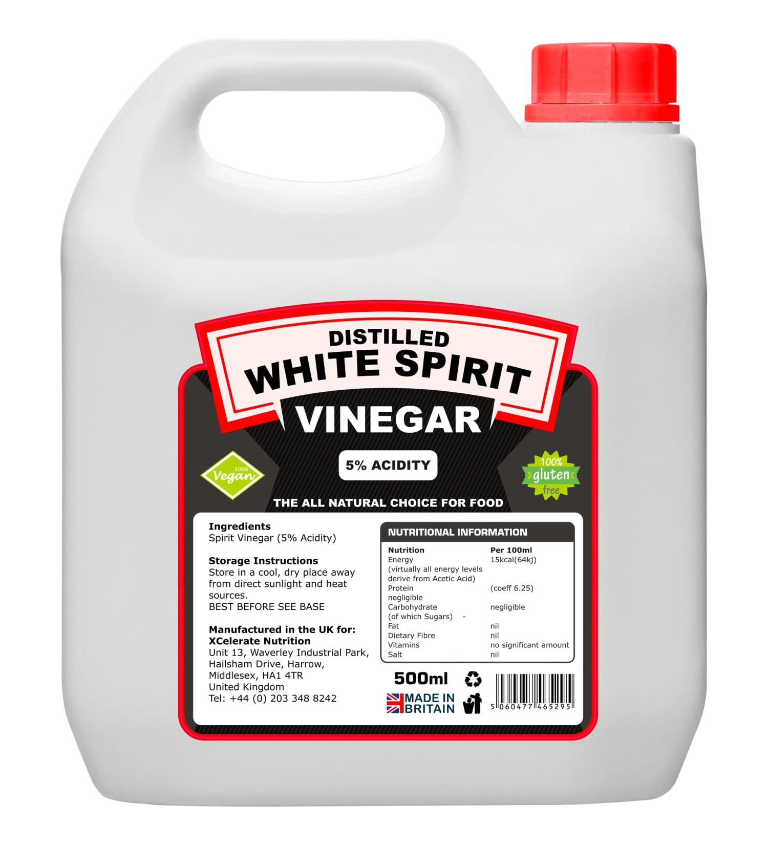 XCelerate Nutrition Distilled White Spirit Vinegar 500ml (5% Acidic)for Cleaning Weed Killing Pickling Marinating & Cooking Distilled White Vinegar Produced in The UK (1 Pack) 500 ml (Pack of 1)