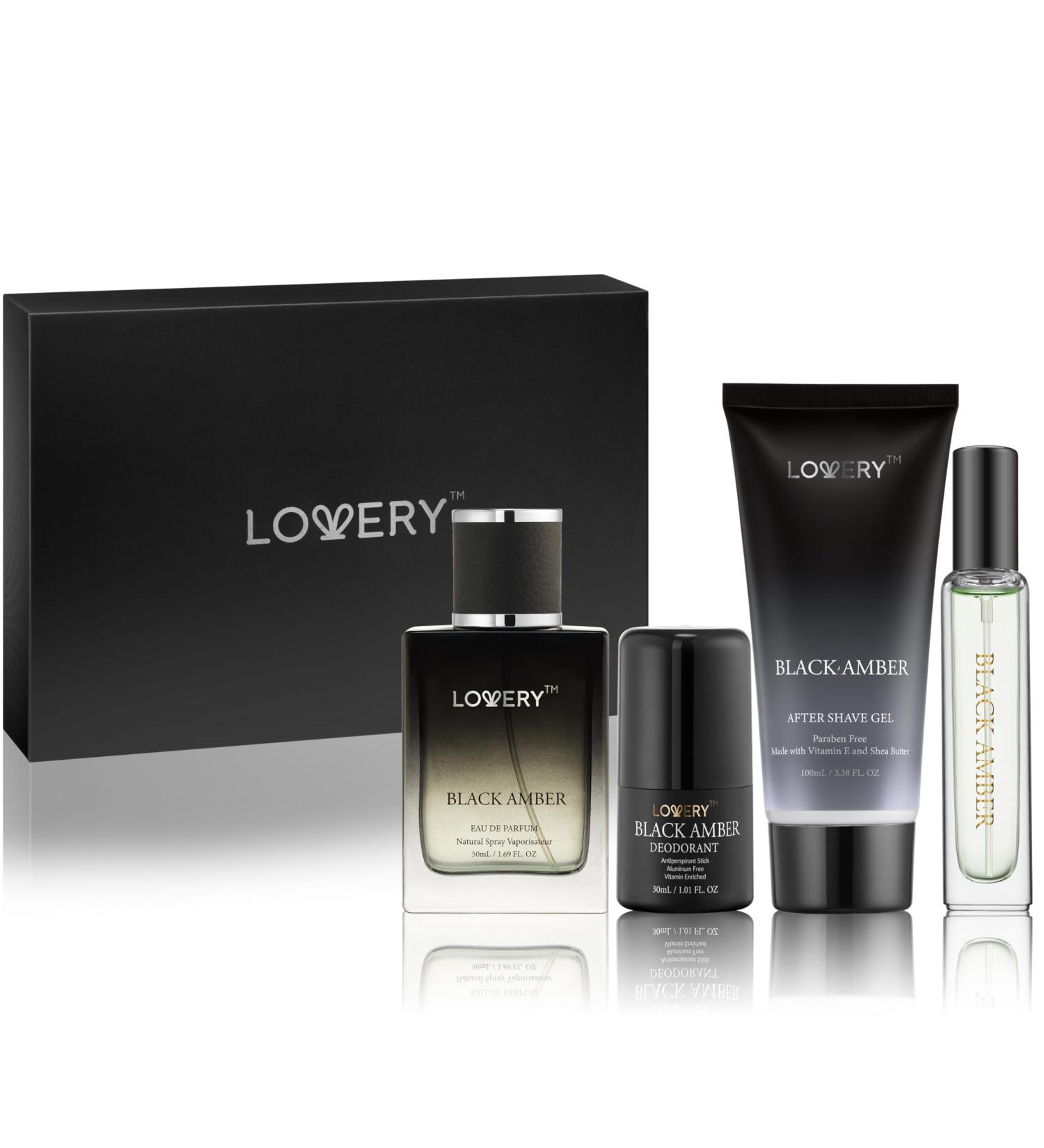 Mens Valentines Gifts Black Amber Mens Perfume 4 in 1 Deodorant & Cologne Gift Set - 4pc Mens Cologne Set - Parfum Antiperspirant Deodorant Stick Aftershave Gel Masculine Birthday Perfumes for Men - Buy Online on SooperMarket.com