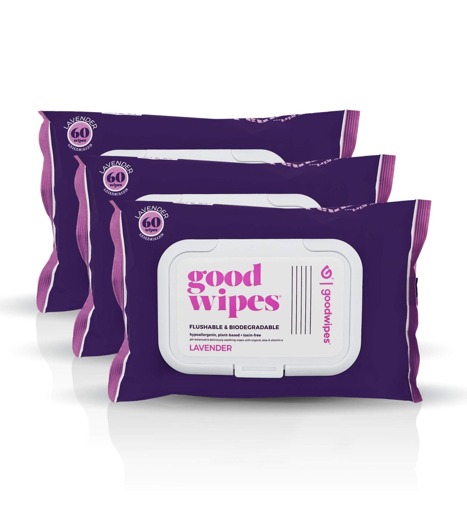 Goodwipes Lavender Scented Flushable Butt Wipes - Biodegradable with Botanicals - Aloe, Septic Safe, 180 Count (3 Packs of 60) - Buy Online on SooperMarket.com