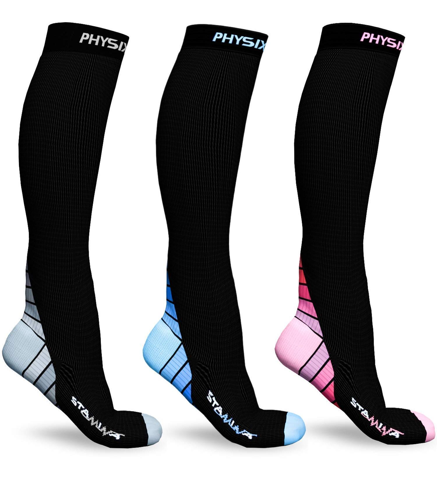 Physix Gear Sport Compression Socks for Men & Women - Set of 3 (Black/Blue, Black/Grey, Black/Pink) - L-XL Size - Buy Online on SooperMarket.com