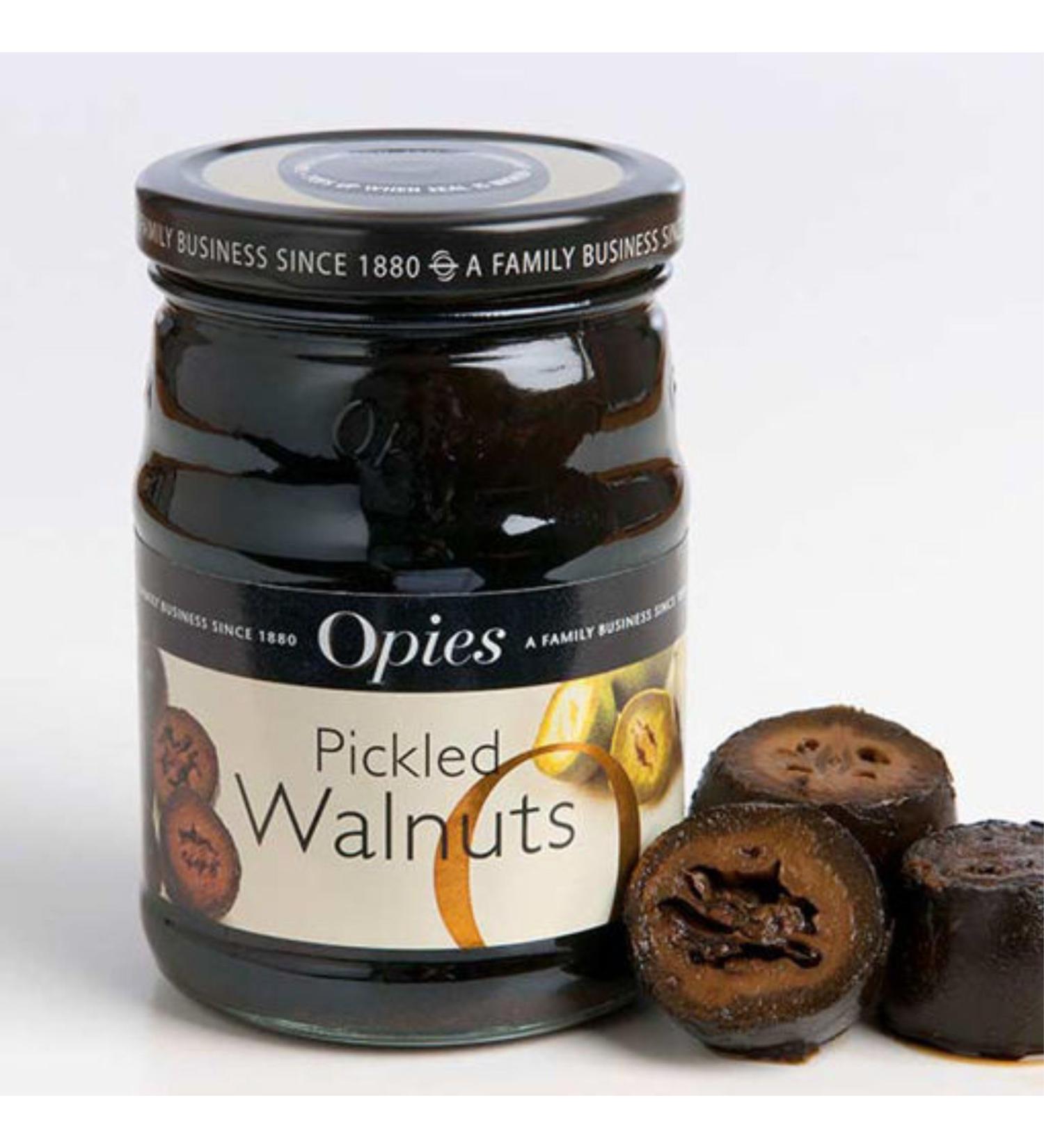 Opies Pickled Walnuts 390 g Harvested before shell formulation cooked & marinated in a special malt vinegar. Serve with cheese cold meats or as an ingredient in casseroles & salads. - Buy Online on SooperMarket.com