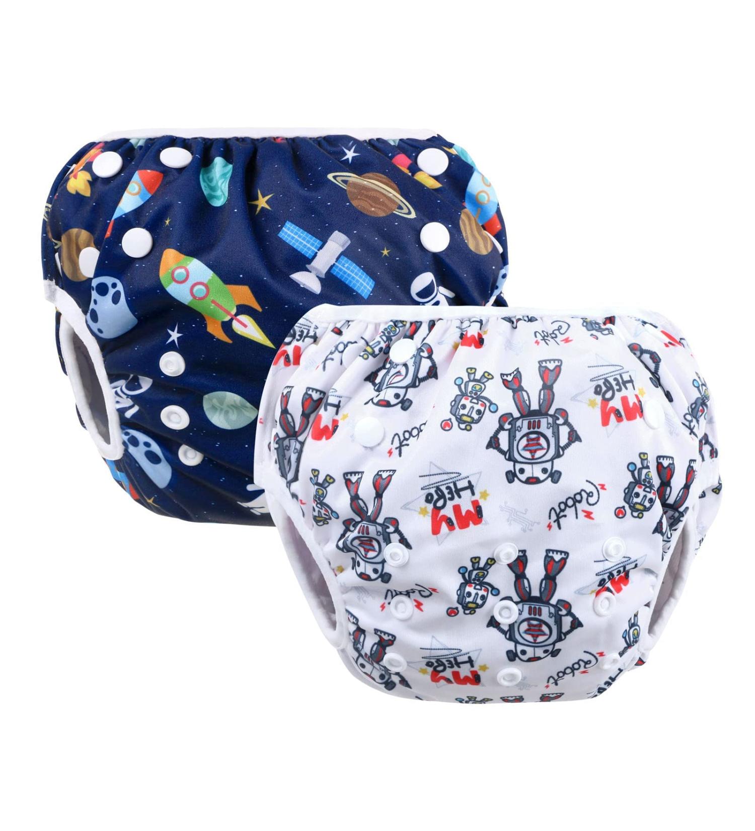 Vicloon Reusable Baby Swimming Diapers - Adjustable & Washable 2-Pack (0-3 Years) - Blue Universe/White Robot - Buy Online on SooperMarket.com